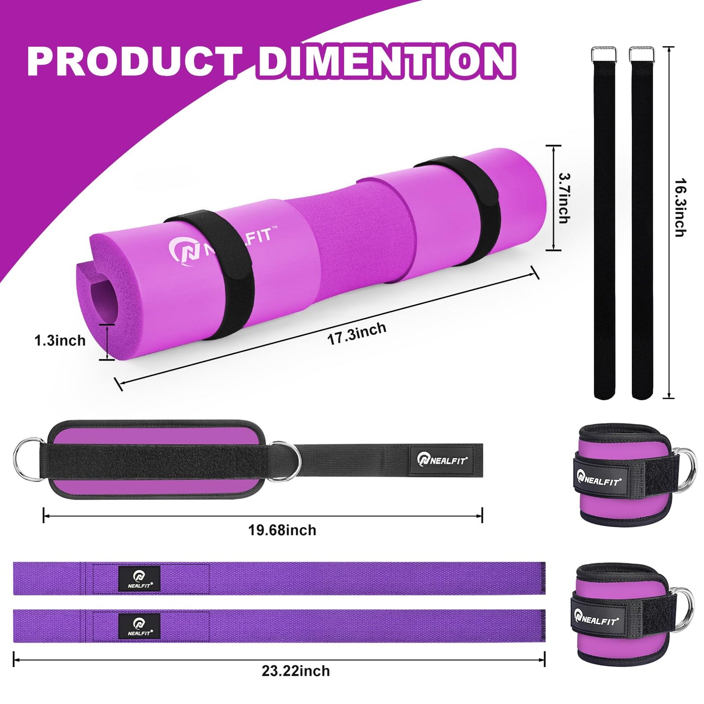 NEALFIT Barbell Pad Set with Lifting Straps & Ankle Straps - Squat Pad for Hip Thrusts, Lunges, Weightlifting - Heavy Duty Strength Training Equipment for Powerlifting, Home Gym (Purple)