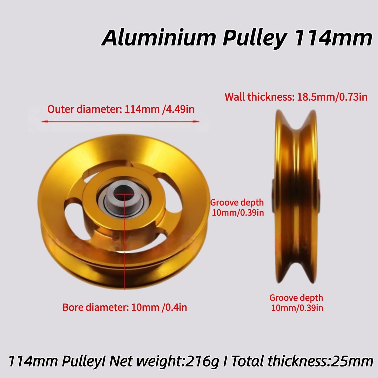 Gueiddi Aluminum Pulley for Home Gym, Load Capacity Sealed Bearing Pulley System, Quiet & Smooth Replacement Gym Pulley Wheel for Cable Machine, LAT Pulldown, Weight Equipment (1, Gold, 114-115mm)