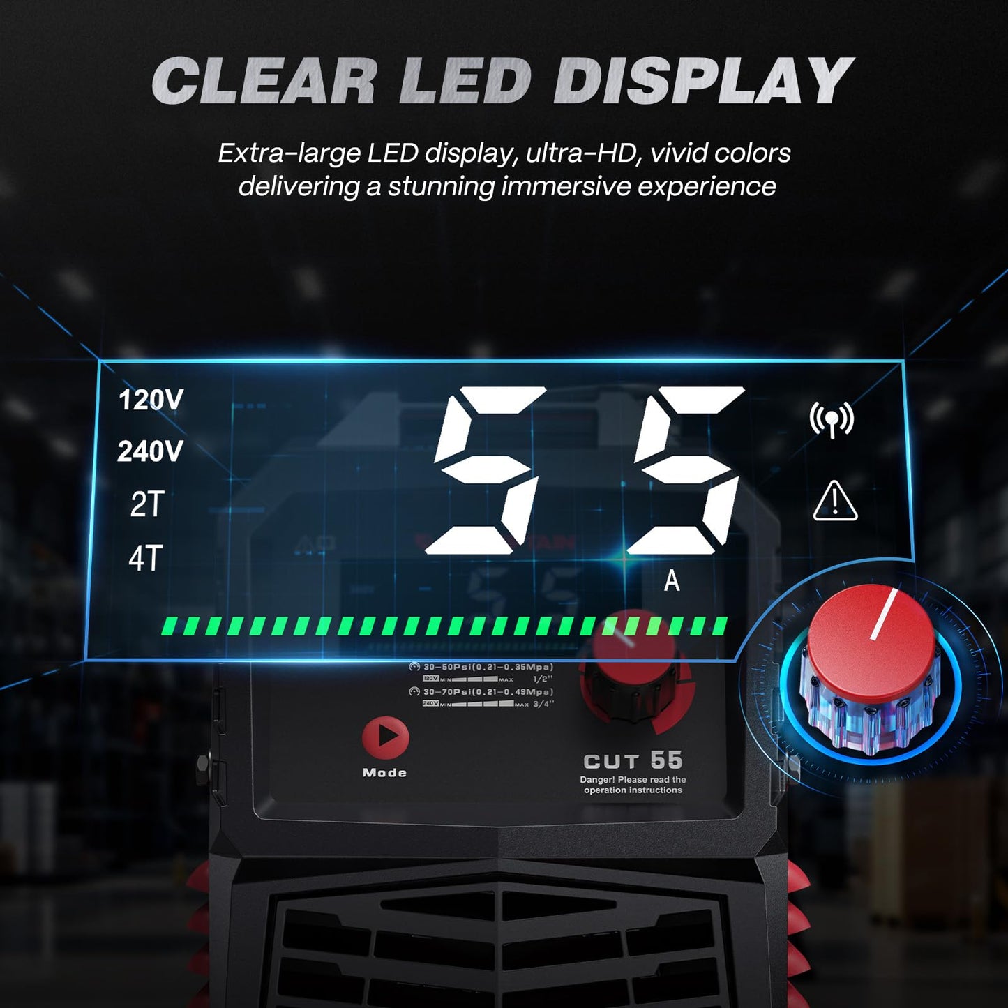 ARCCAPTAIN 55A Plasma Cutter, Large LED Display, Non-Touch Pilot ARC Plasma Cutting Machine, 120/240V Dual Voltage IGBT Inverter, 1/2" Clean Cut, Post Flow, 2T/4T, for Beginners DIY
