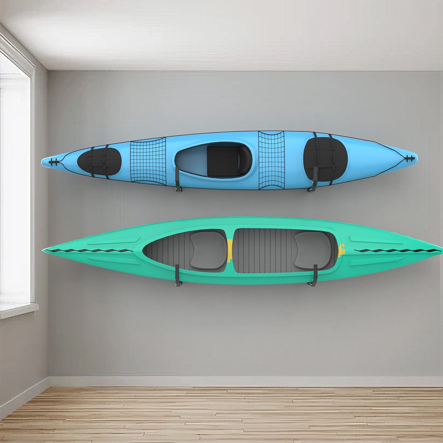 WALMANN Kayak Storage Rack, Wall Mount Kayak Hooks for Garage Kayak Wall Hangers for Kayak, Surfboard, Skiis, Snowboard, Paddle Board(2 Pairs for 2 Kayaks)