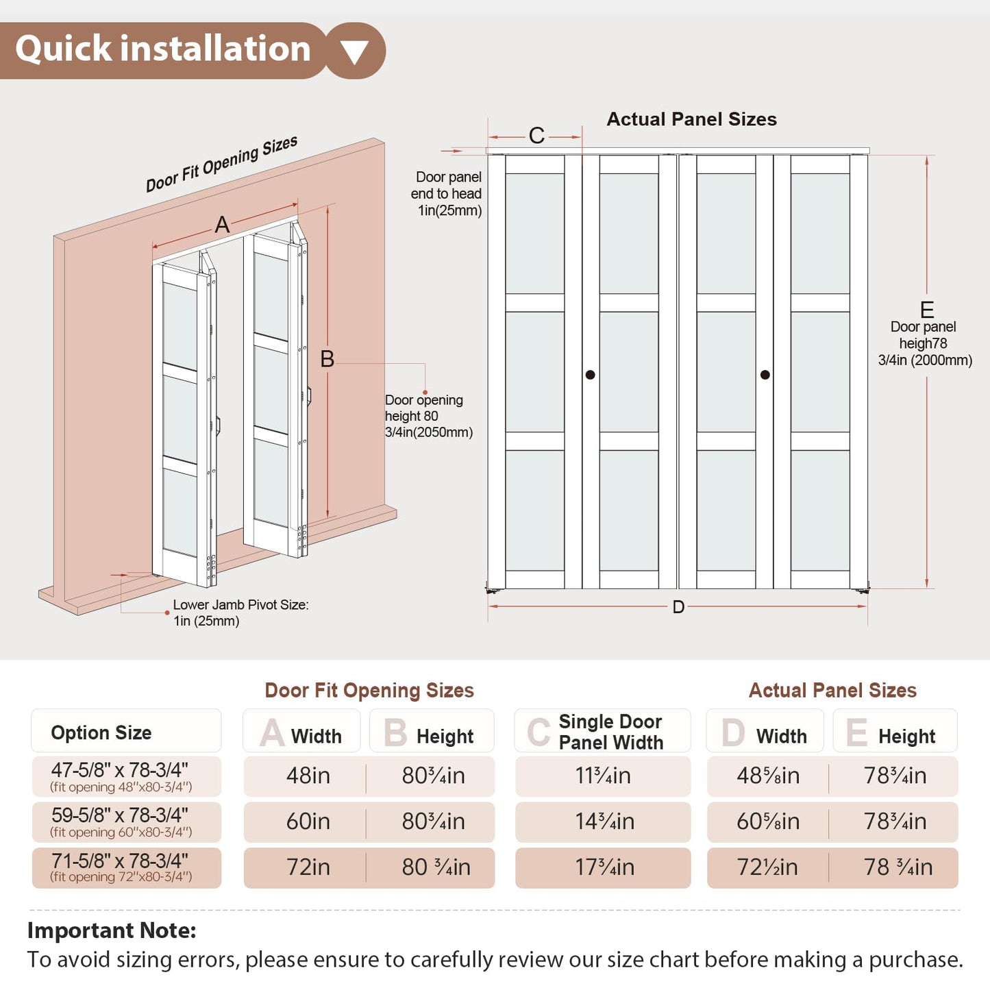 EaseLife Preassembled Bi-Fold Doors, for 60"x 80" Opening,Tempered Frosted Glass Closet Folding Barn Door with Concealed Hardware Kit,MDF Wood Panel,Water-Proof PVC Surface,Easy Installation