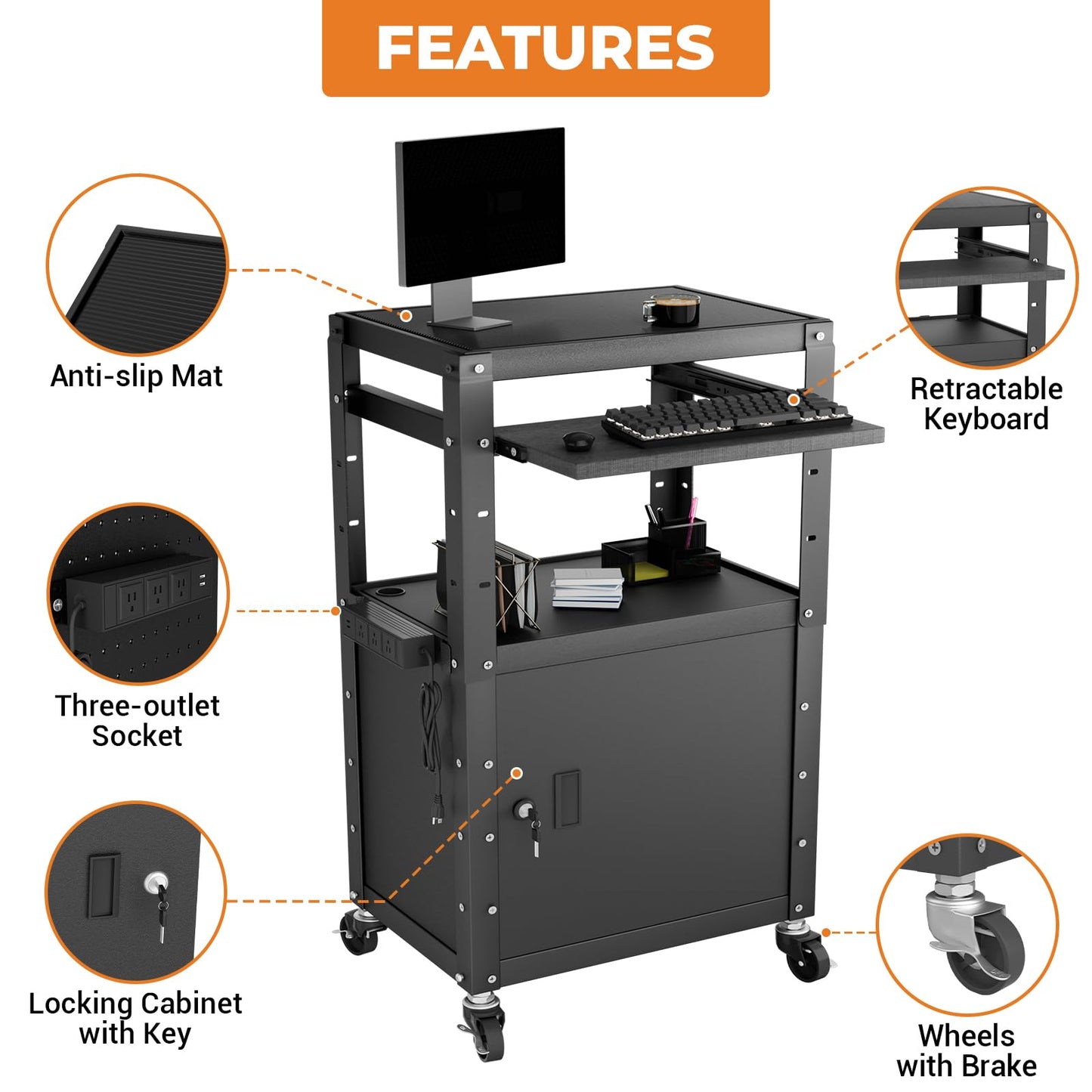Mobile AV Cart with Cabinet, Rolling Computer Cart Height Adjustable Rolling Media Utility Cart with Extra Storage Space, 4 Outlets, Pullout Keyboard Tray Perfect for Home or Office Use
