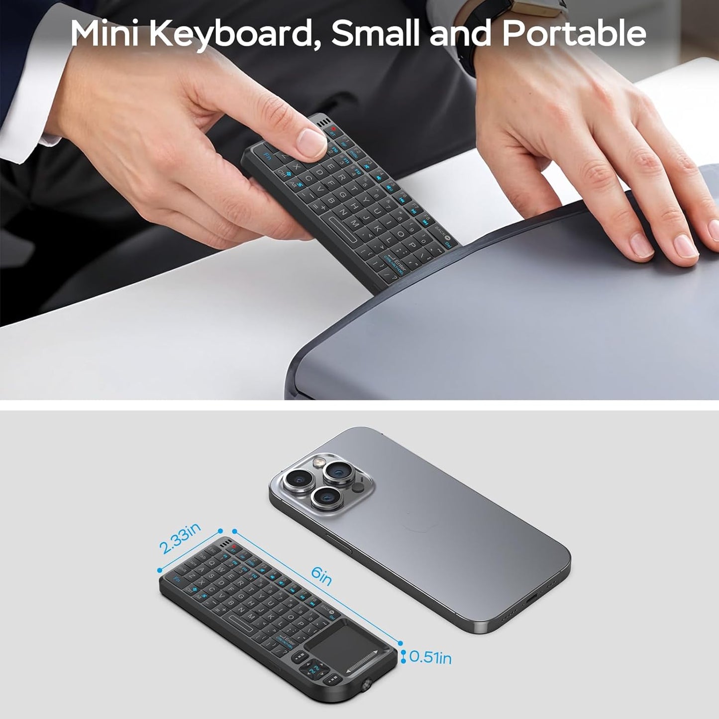 Burhoo 2.4G Mini Keyboard with Touchpad, Mini Bluetooth Keyboard, Ultra-Thin Handheld Wireless Portable, Suitable