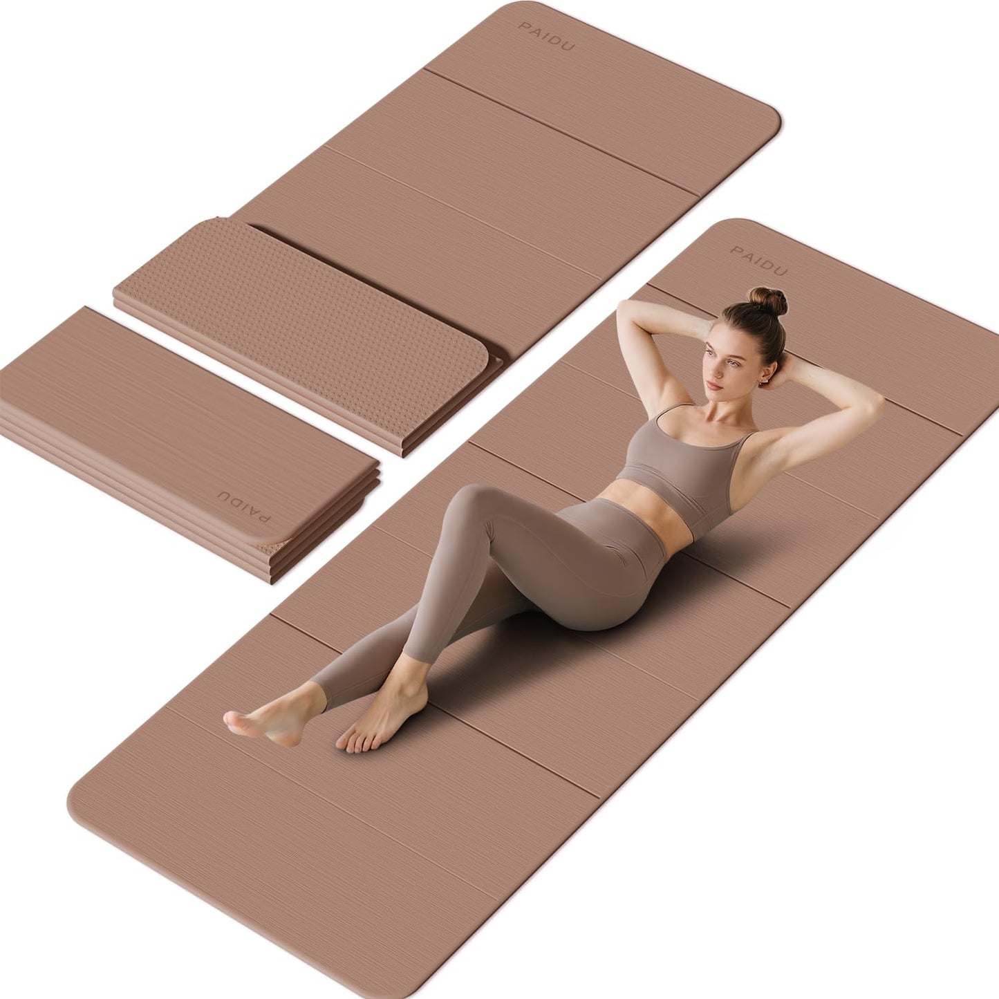 PAIDU Foldable Yoga Mat - 10mm Extra Thick, 75"26" Non-Slip Exercise Fitness Mat | SGS Eco-Certified, Portable for Yoga/Pilates/Studio/Home Workout (Brown)