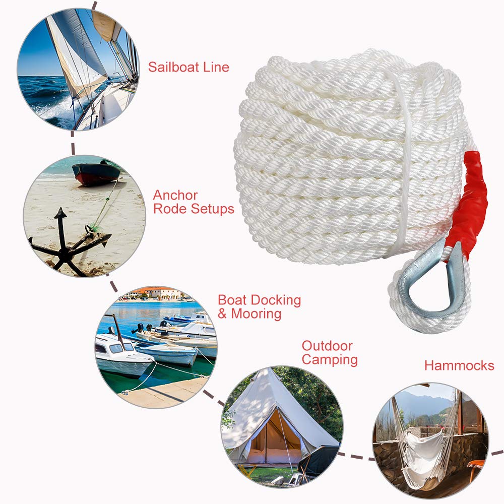 B4B BANG 4 BUCK 3/4" x100' Anchor Rope, Polypropylene Docking Dockline Boat/Sailboat/Mooring/Pull Lines with Thimble, 12592LB Breaking Strain
