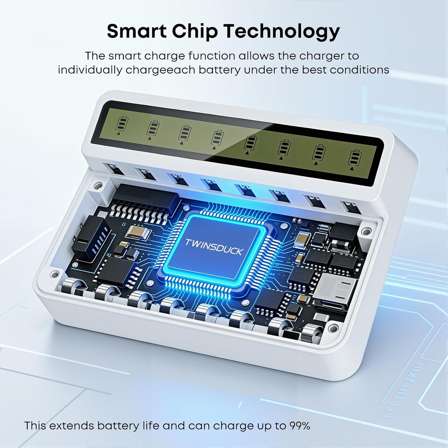 TWINSDUCK 8-Slot AA AAA Battery Charger, Smart LCD Display & Fast Charging for NiMH/NiCd (Micro USB Powered)