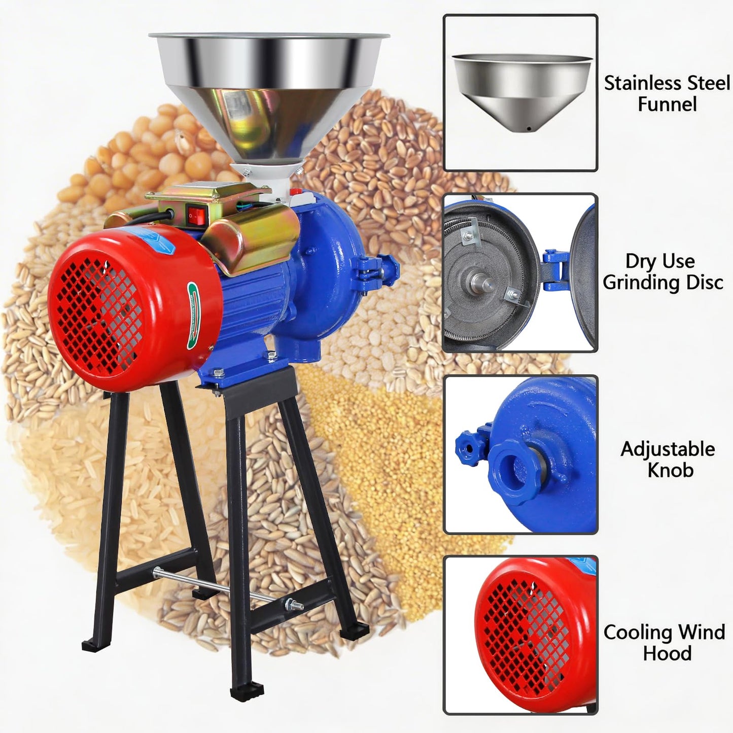 XYJBHB 3000W Electric Grain Mill Grinder, Commercial Corn & Spice Grinder with Adjustable Thickness, Heavy Duty Dry Feed Flour Mill for Wheat, Rice, Herbs, and Pepper– 110V, Dry Use