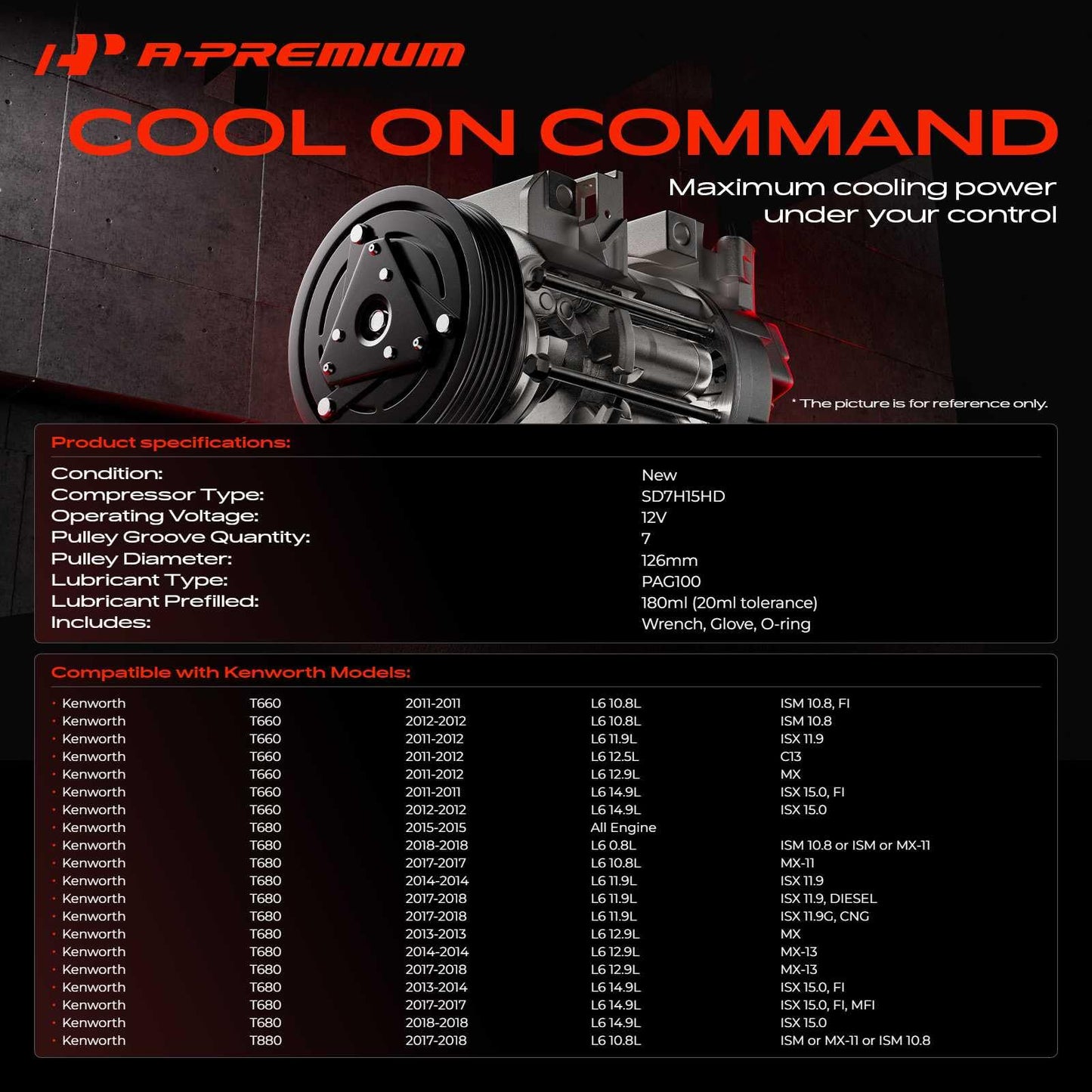 A-Premium Air Conditioner AC Compressor with Clutch Compatible with Kenworth T660 2011-2012, T680 2013-2015/2017-2018, T880 2017-2018 & Peterbilt 365/367 2011-2016, 389 2016, 567 2015-2016, 579, 587