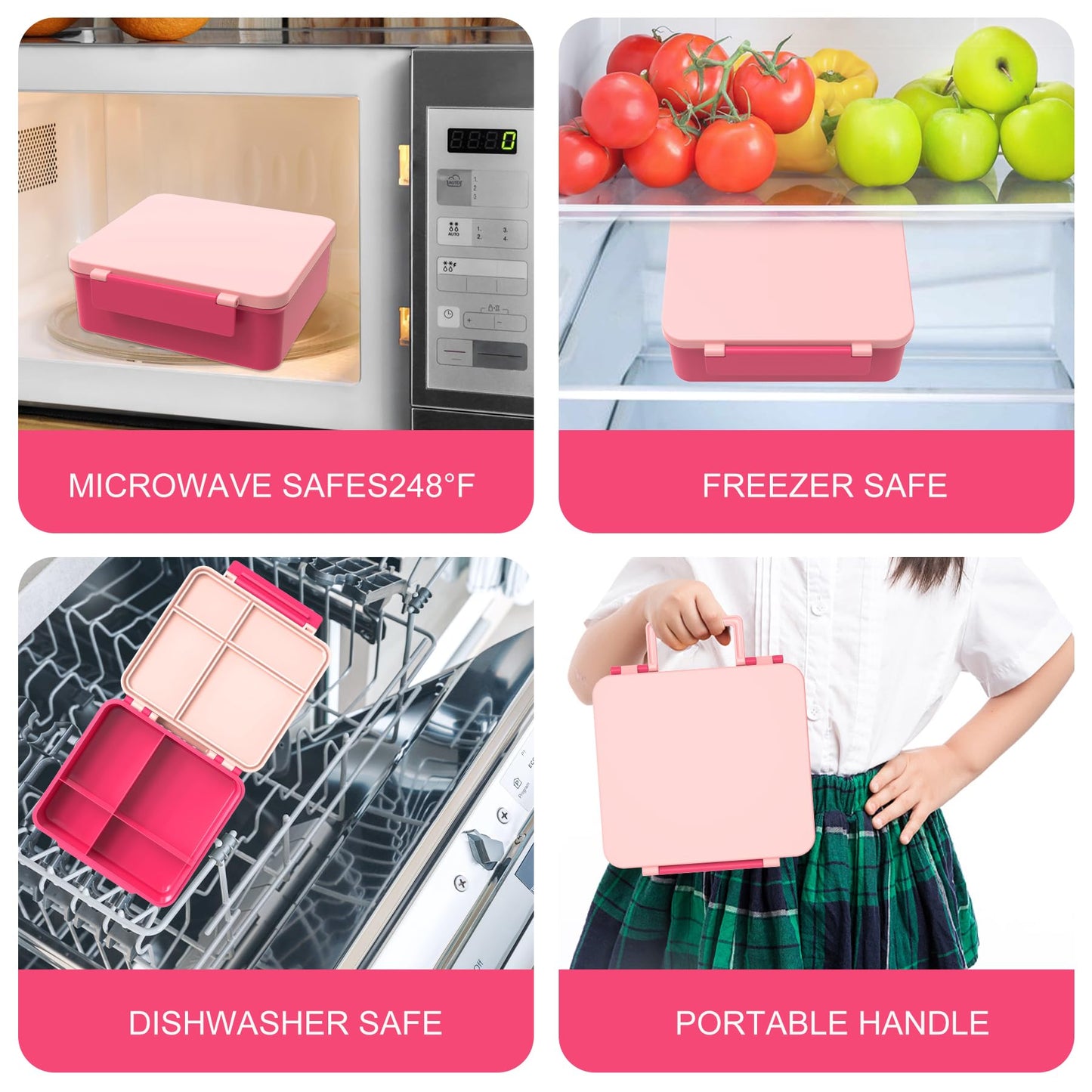 Pawtong Bento Lunch Box with 8oz Soup Thermo, Kids Leakproof Lunch Food Containers with 4 Compartment, Kids Thermo Insulated Hot Food Jar for School, Trvael - (Pink)