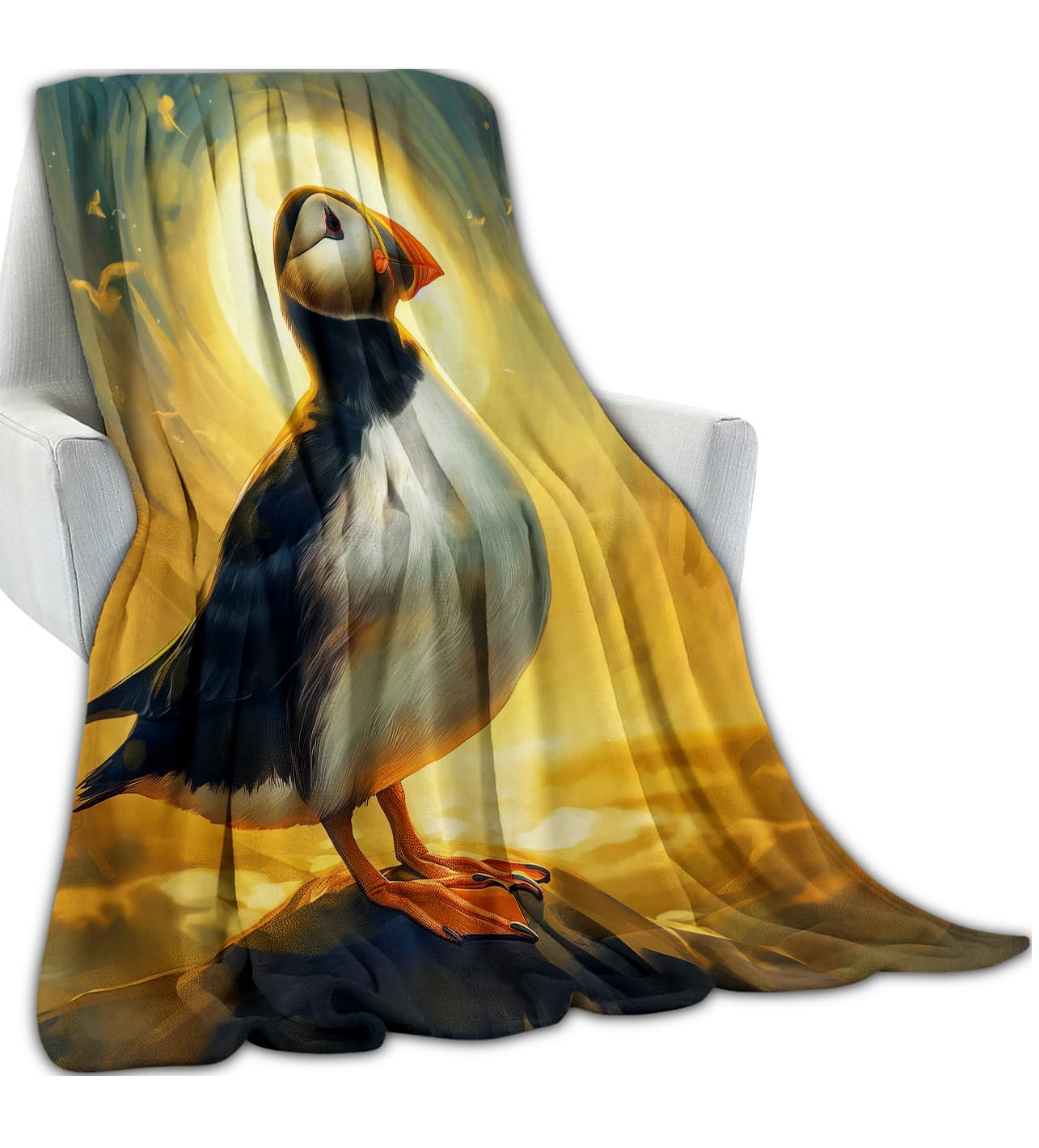 Sunset Birds Puffin Blanket Gifts for Adults Artist Men, Sun Setting Bright Nature Scene Bird on Rock Throw Blankets for Sofa Office Couch Room Decor, Cozy Lightweight Warm Soft Throws, 50x60 in