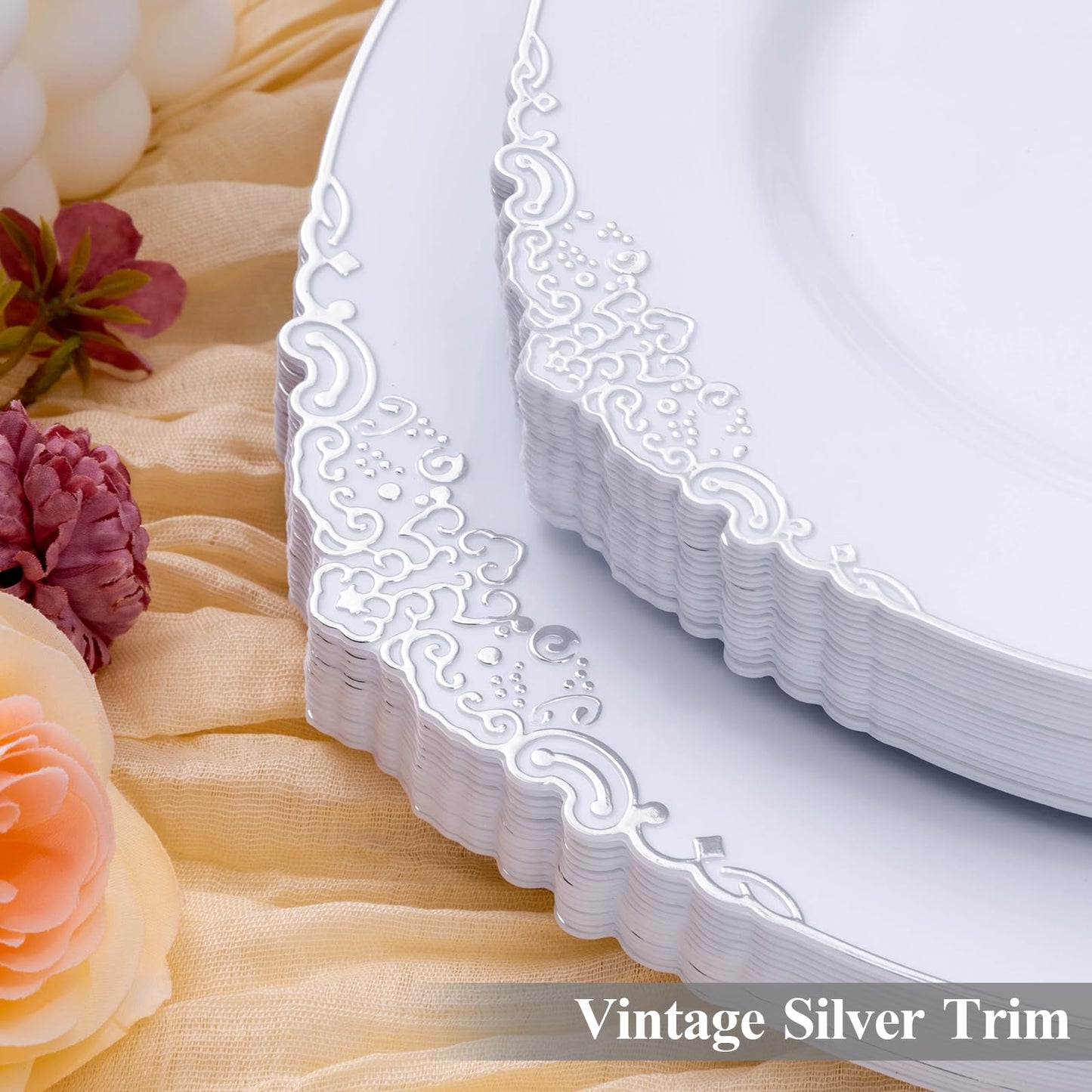 Bestluck 100 PCS White and Silver Plastic Plates for 50 Guests, Rose Gold Disposable Plates Include 50 PCS Dinner Plates, 50 PCS Dessert Plates for Party, Wedding and Baby Shower