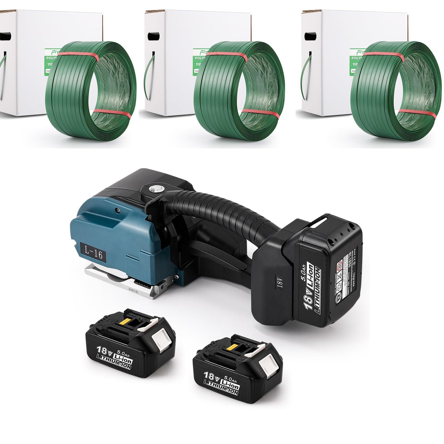 Flyrivergo 5000mah Electric Strapping Machine + Three 1046' Polyester(PET) Heavy Duty Strapping Roll (Adaptive)