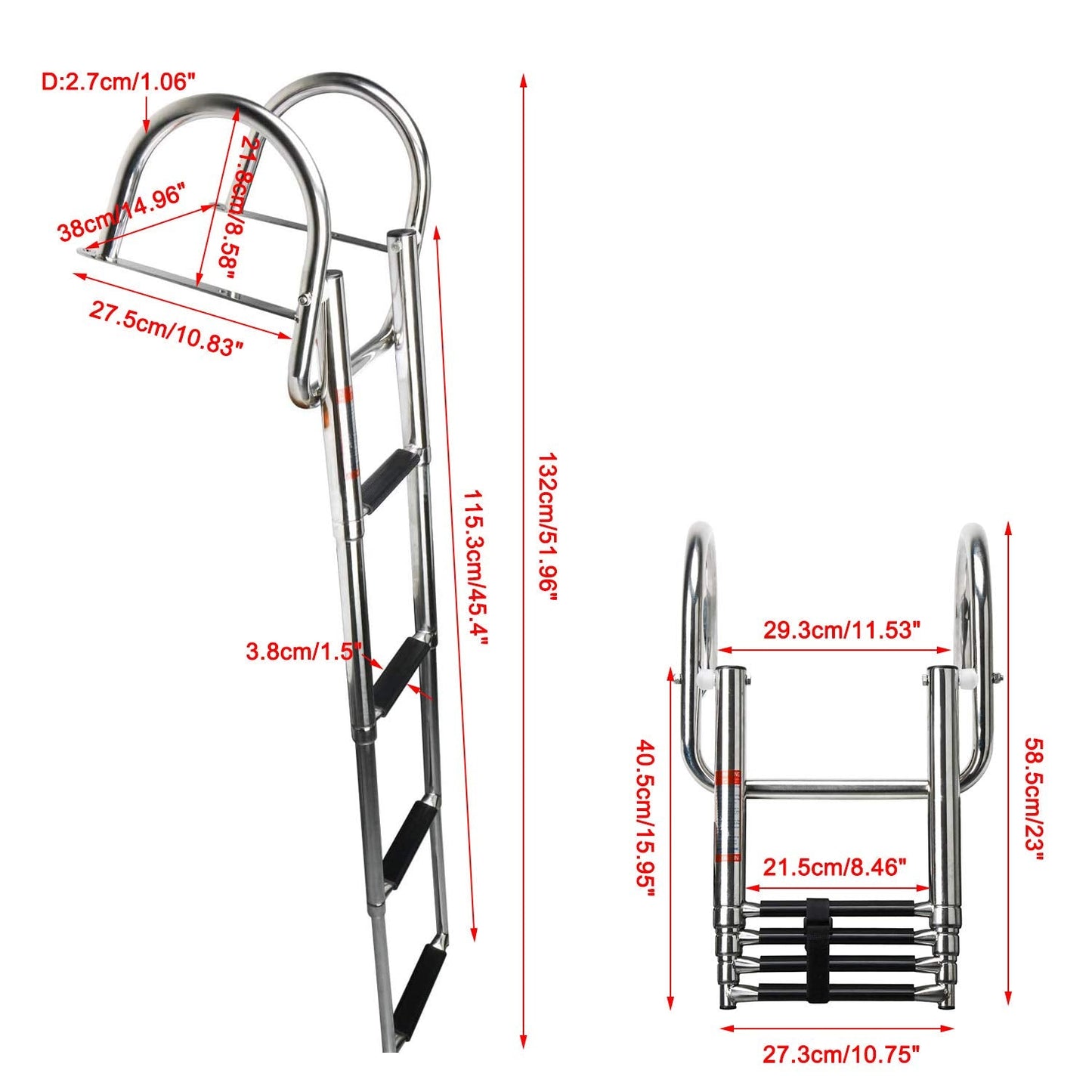 Amarine Made 4 Steps Boat Ladder Folding Pontoon Boat Ladder Stainless Steel Telescoping Dock Ladder 550lbs Capacity for Marine Swimming Pool Lake