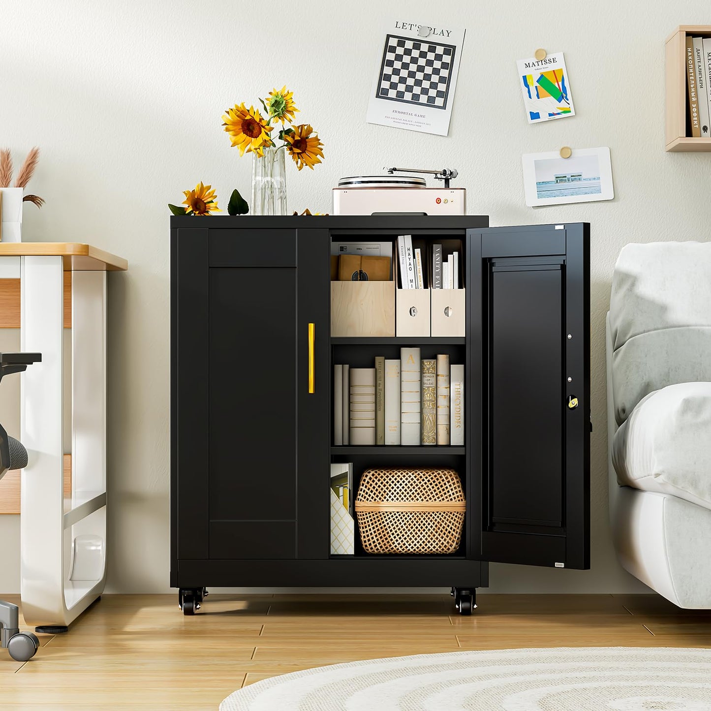 RISTERN Metal Storage Cabinet with Wheels, 36" Tall Locking Storage Cabinet with 2 Adjustable Shelves, Locking Garage Cabinet, Steel Locker Organizer, for Office, Home, School, Black