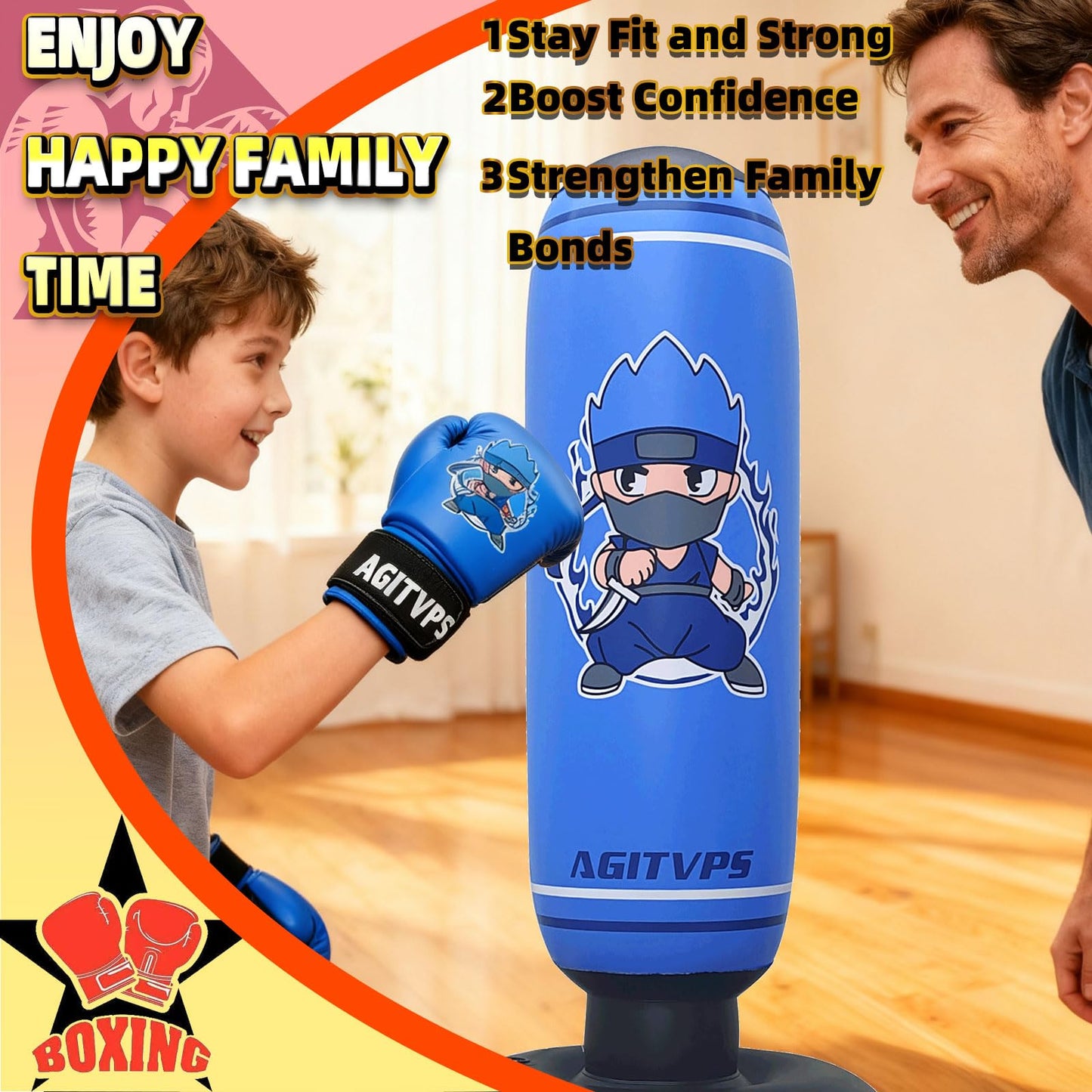 Inflatable Punching Bag Set, 66" Punching Bag for Boys & Girls Aged 8-12 with Kids Boxing Gloves, Super Air Pump | Suitable for Children's Daily Exercise, Happy Family Time (Dark Blue)