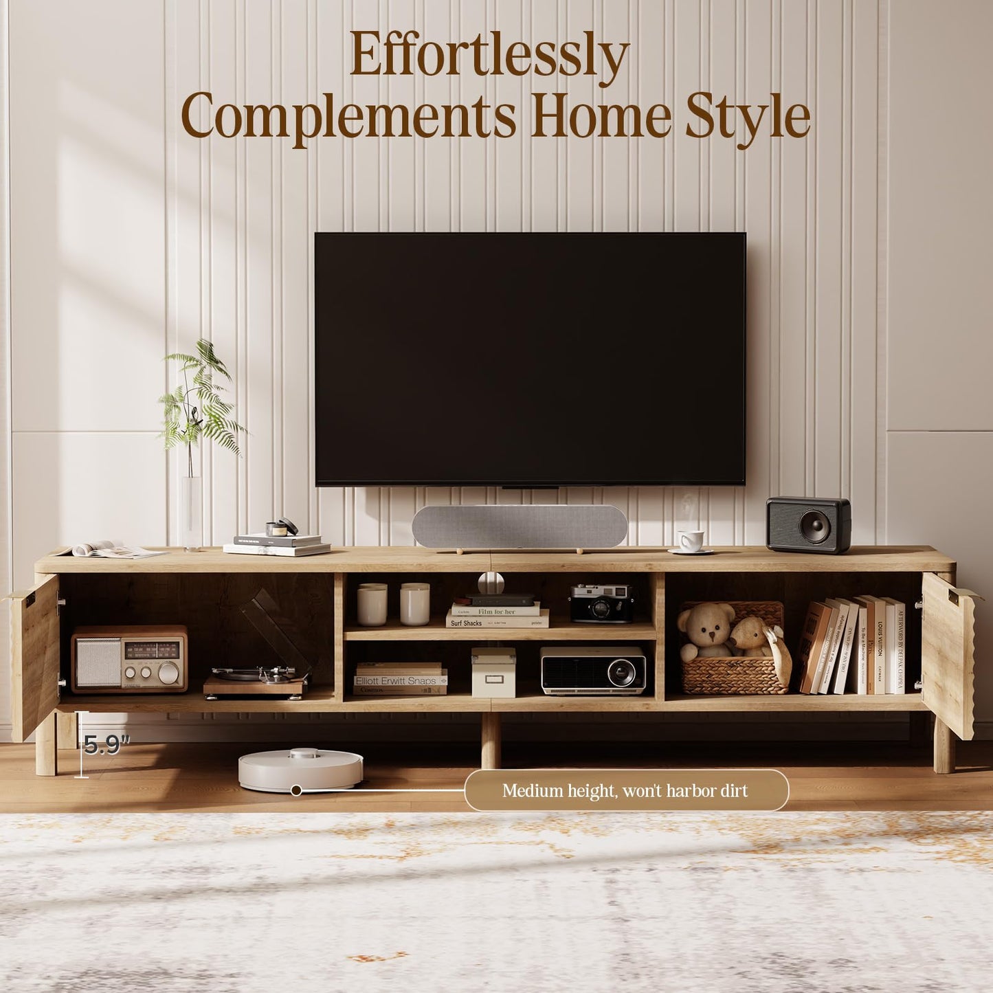 IKALIFE TV Stand for Living Room - up to 80 Inch TVs Mid Century Modern Entertainment Center with Storage and Adjustable Shelves, Media Console Table Oak 71"