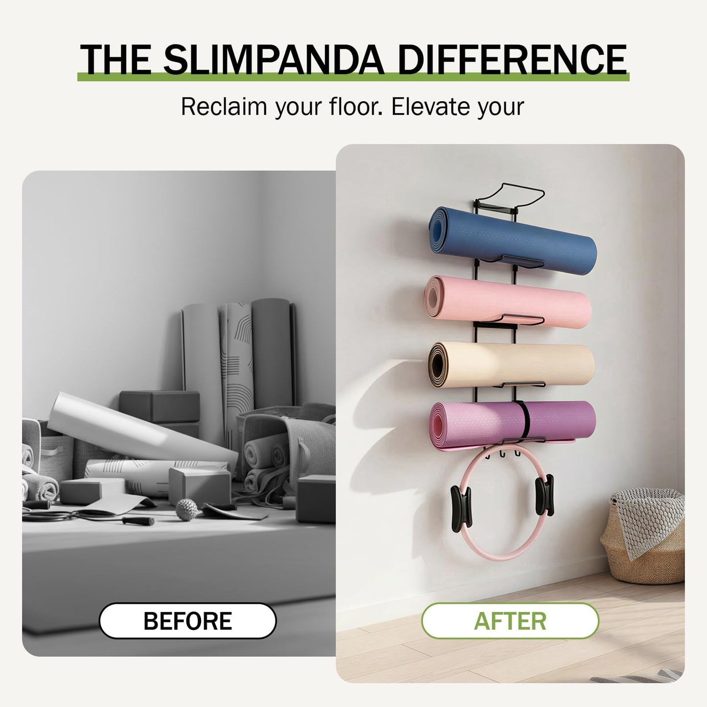 Slim Panda Yoga Mat Holder Wall Mount With Mesh Bag,Yoga Accessories Storage Rack,Home Gym Organizer with 5-Tier & 3 Hooks for Hanging Yoga Mats, Foam Roller, Resistance Bands & Yoga Accessories