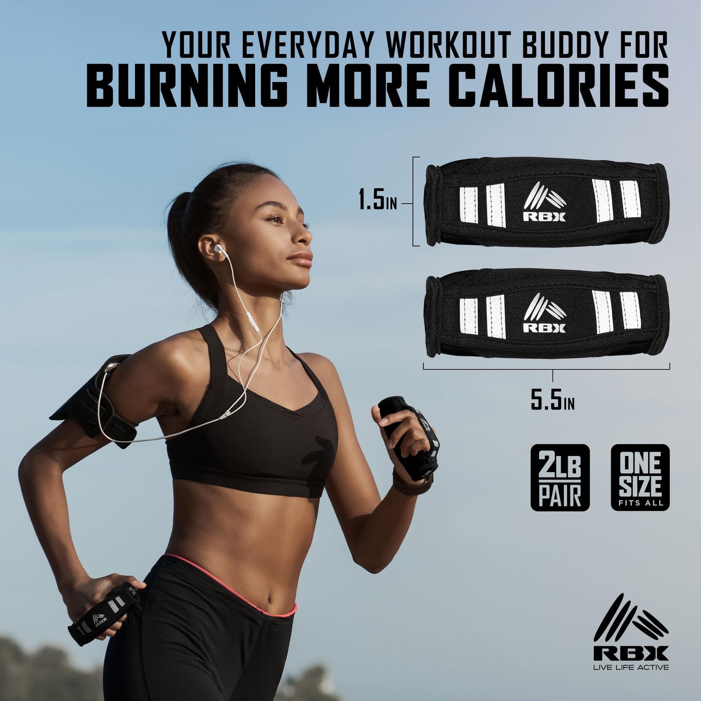 RBX 2lb Walking Weights Pair (1lb Each), Soft Hand Weights with Reflective Safety Straps, Ergonomic Grip & Breathable Fabric, Add Resistance to Walking, Jogging & Aerobics (Black)