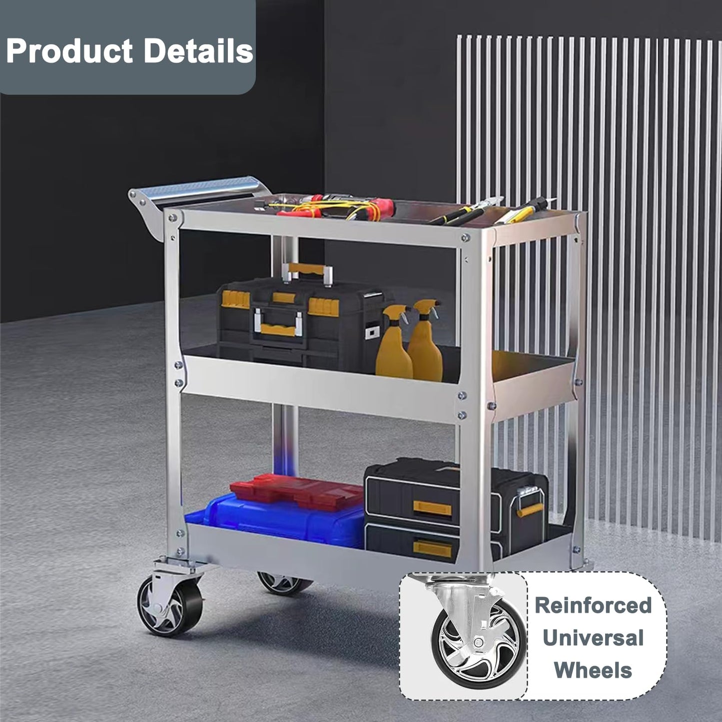 3-Tier 14 Gauge Stainless Steel Utility Cart, 1100 lbs Heavy Duty Service Cart with Wheels, Rolling Tool Cart on Wheels for Mechanic, Garage, Workshop, Warehouse, 15.75" D x 30.7" W x 36.2" H