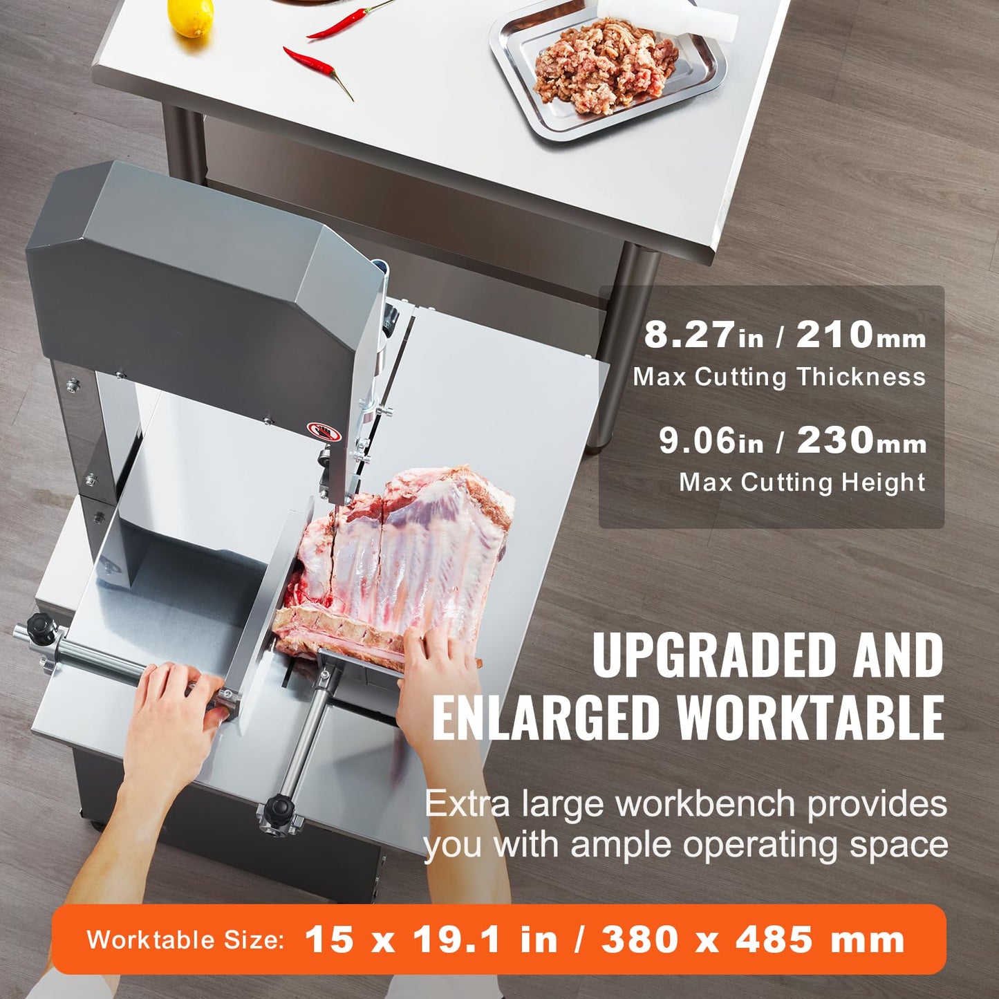 VEVOR Commercial Electric Meat Bandsaw, 550W Stainless Steel Vertical Bone Sawing Machine, 19.1"x15" Workbench, 7.09 Inch Cutting Thickness, Frozen Meat Cutter with Blade for Rib Pork Beef