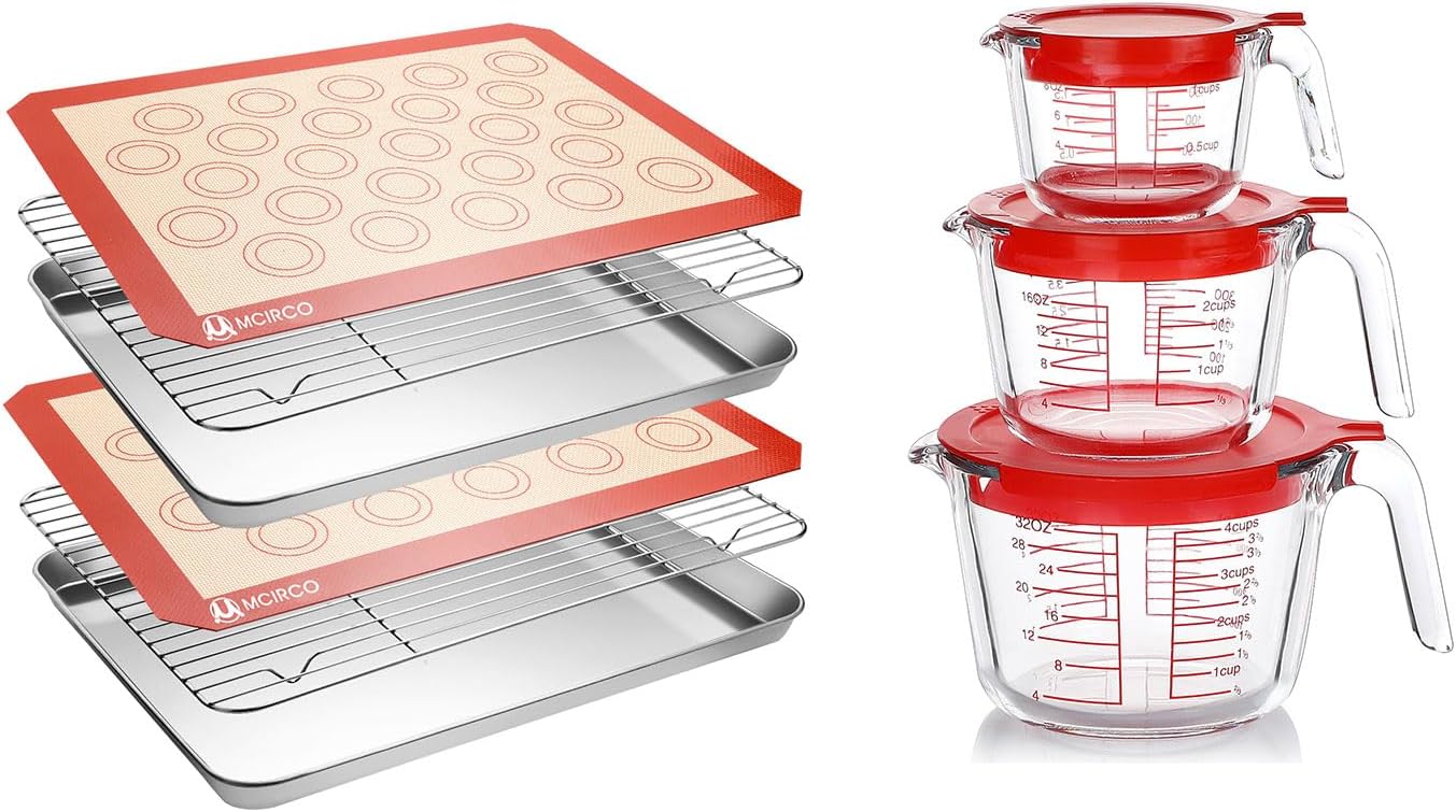 Skiennix Stainless Steel Baking Sheet Tray Set - 6 Pcs Cooling Rack & Silicone Mat with 6 Glass Measuring Cups