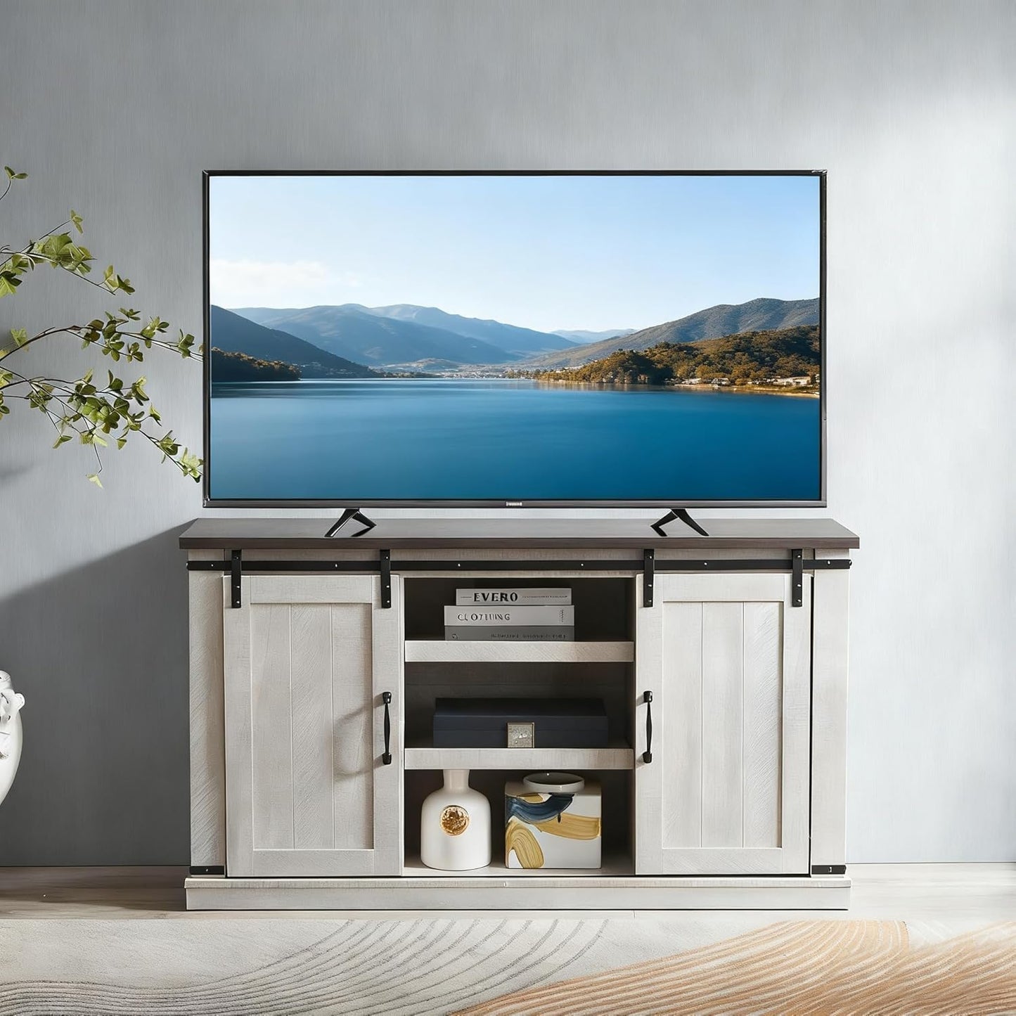 RICHSEAT Modern Farmhouse Wood TV Stand for TVs up to 65 Inch, Home Living Room Storage Table TV Stands Cabinet Doors and Shelves Entertainment Center, Stone Grey