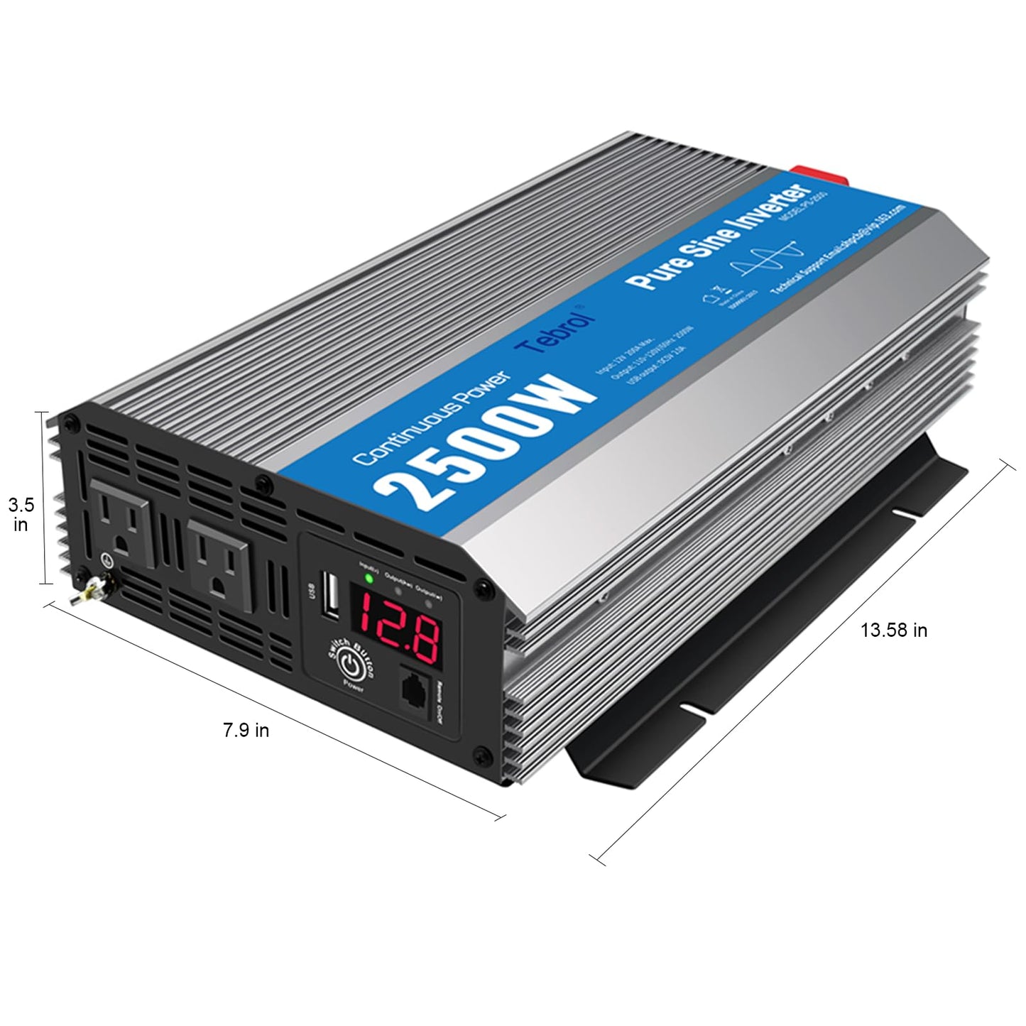 Tebrol 2500W Pure Sine Wave Inverter 12V DC to 120V AC Converter for Home, RV, Truck, Off-Grid Solar Power Inverter with Built-in 5V/2.1A USB, AC Hardwire Port, Remote Controller