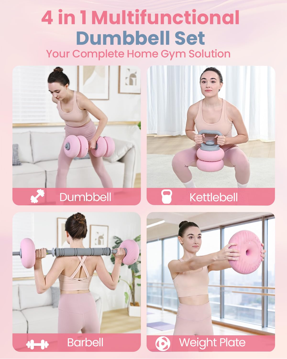 kisnbld Adjustable Dumbbell Set, 13/18/22/35LBS SoftShell Weight Set with Connector 4-IN-1 Dumbbell Set Used as to Barbell & Kettlebell for Home Gym, Fitness Exercise for Men Women Beginners, Pink