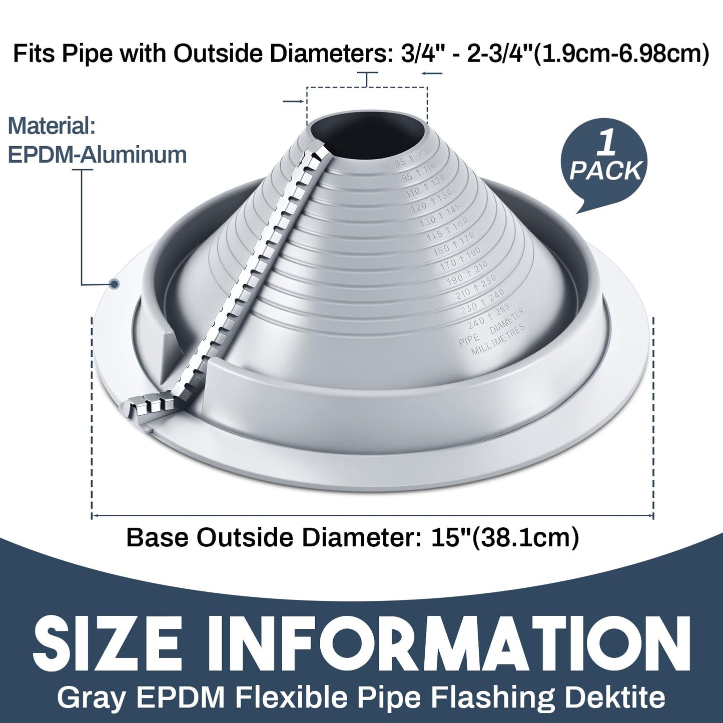 1 Pack #3 Epdm Roof Pipe Flashing Boots 3-1/4" - 10" Pipe Flexible Metal Roof Vent Pipes Flashing, Retrofit Roofs Jack Boot with Aluminum Base for Metal Roofs Repair