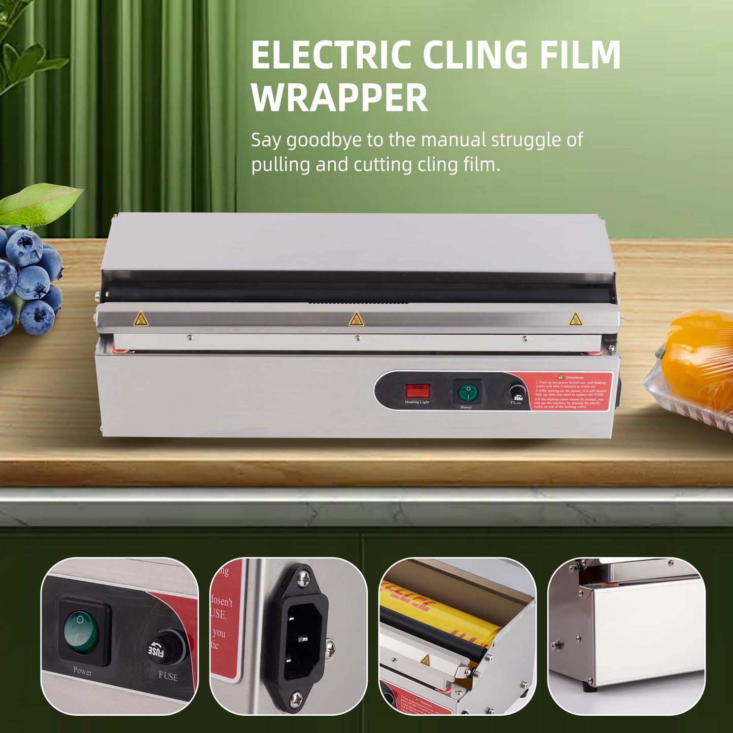 18 Inch Stainless Steel Hand Wrapping Machine & Film Dispenser with Electric Heated Cutter for Commercial Kitchens