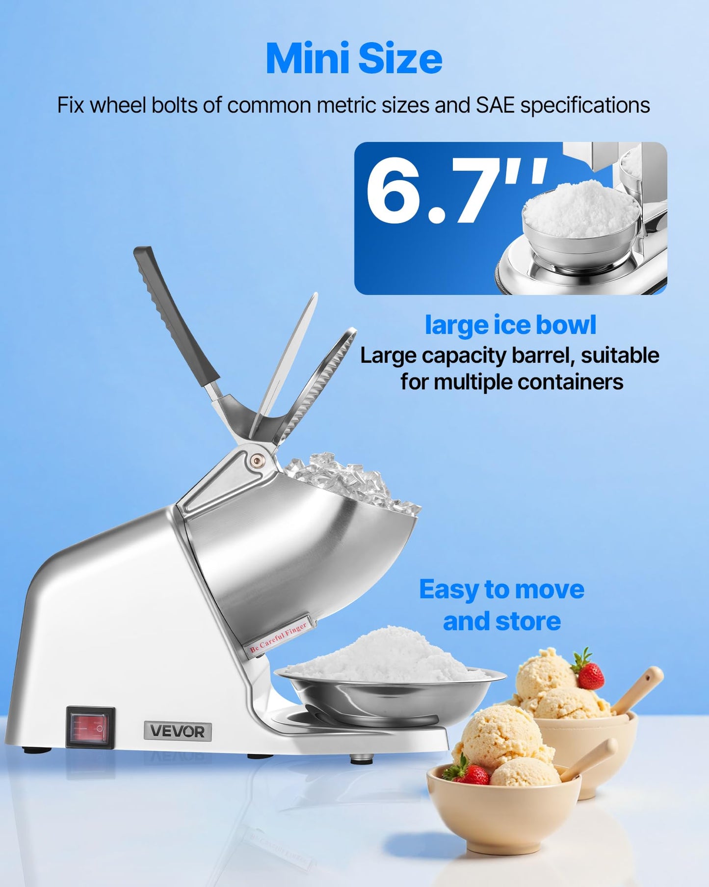 VEVOR Ice Crusher Machine, 286lbs Per Hour Electric 4 Blades Snow Cone Maker, Stainless Steel Shaved Ice Machine with Bowl and Cover, 300W 2000RPM Ice-Shaver for Home and Commercial Use, Silver