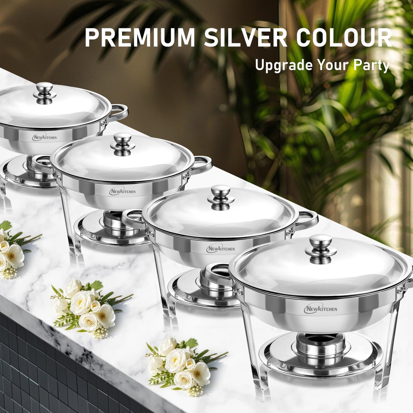 NEWKITCHEN Chafing Dishes for Buffet 4 Pack, 5 QT Round Chafing Dishes for Buffet [Elegant Silver Colors] Stainless Steel Chafing Dish Buffet Set for Any Party