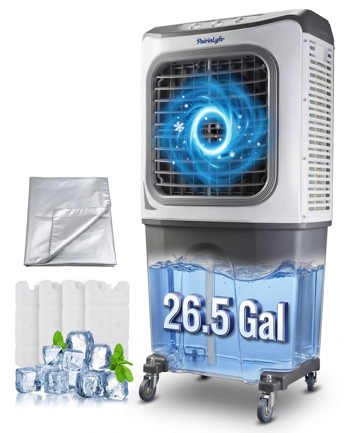 54" Tall 7000CFM Large Swamp Cooler, 3-in-1 Evaporative Air Cooler with 26.5 Gal Water Tank, 3-Speed, 2 Modes, 4 Ice Packs & Storage Bag, Outdoor Cooling Fans for Patio Garage Factory, 2000 sq.ft