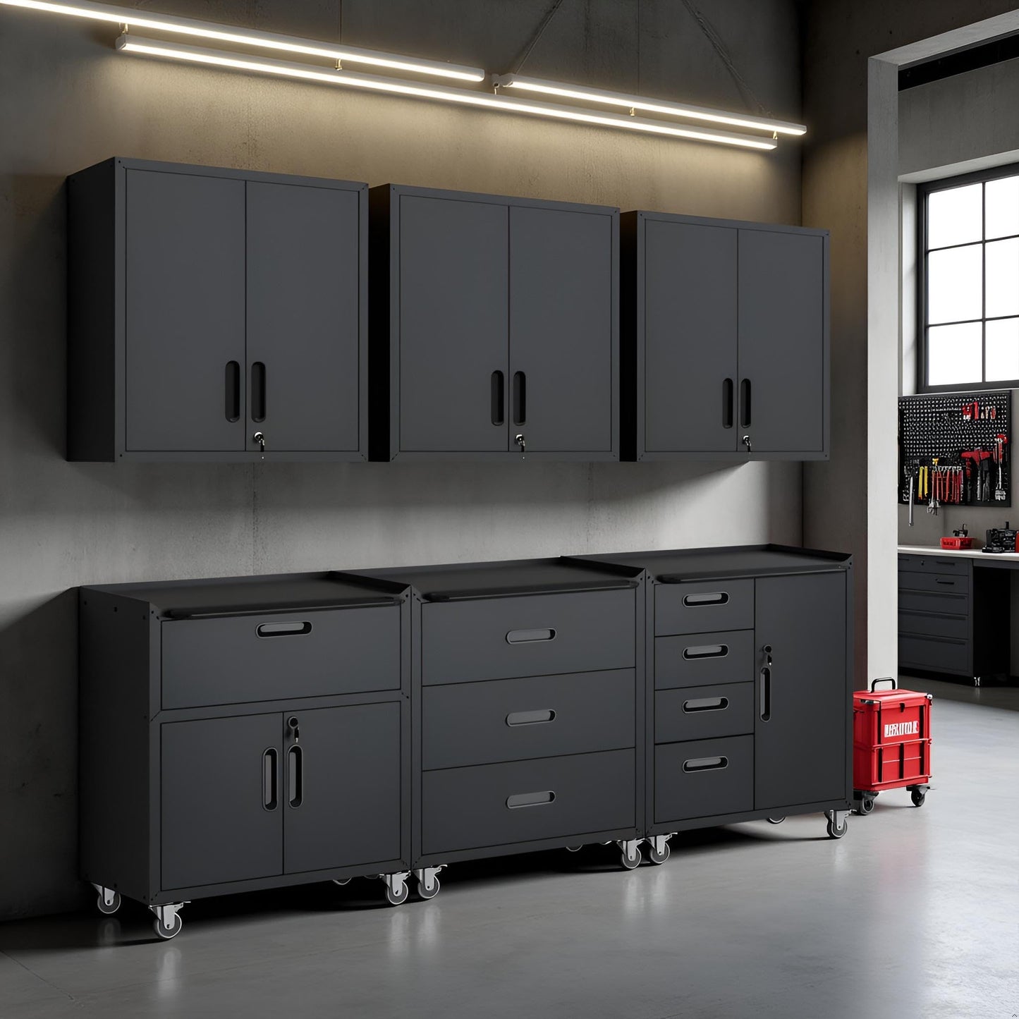 EKJ Garage Storage Cabinet System 6pcs Heavy Duty Workshop Set Wall Cabinet Lockable Rolling Tool Cabinets with Adjustable Shelves Metal Garage Storage Cabinets