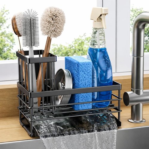Cisily Sink Caddy - Rustproof Kitchen Organizer with Brush Holder & Self-Draining Tray | Black