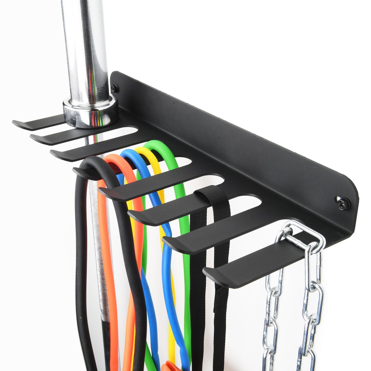 Performance Seven Bars Holder Storage,Custom Powder Coated HEAVY-DUTY STEEL Mount Wall Rack Storage Rack,Weight Room Organizer with 8 Wall Hooks for Exercise Bands Jump Ropes Chains Lifting Belts 3mm Black 8 Tooth