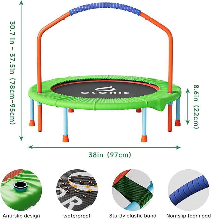 CLORIS 38in/48in Folding Trampoline - Max Load 220lbs / 450lbs Trampoline Rebounder Trampoline for Adults with Adjustable Foam Handle, with safty Padded Cover Best Gift