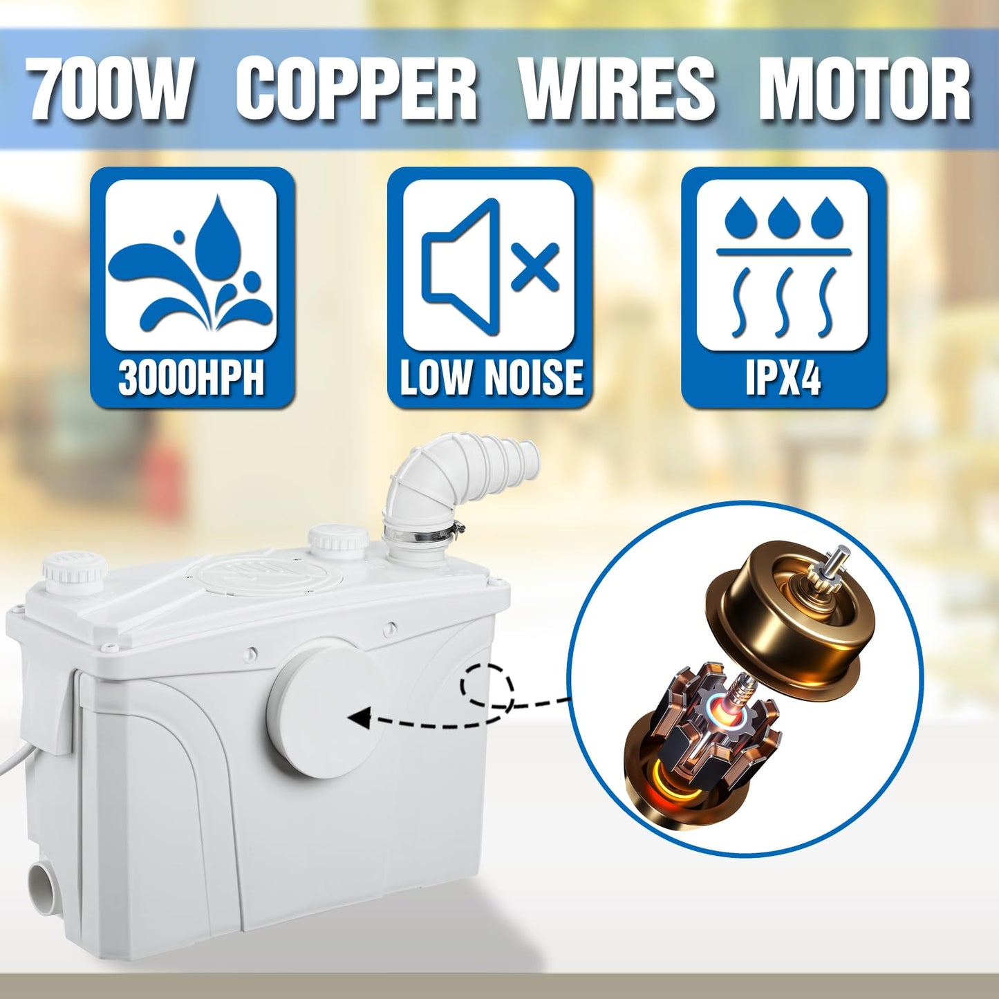 EXTRAUP 700W Macerator Sewerage Sump Pump with 4 Water Inlets for Upflush Toilet System Waste Water Marine Toilet Disposal Laundry