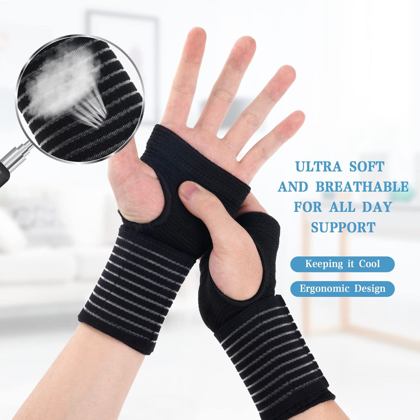 AOOWU Wrist Brace, 2 Pack Elastic Wrist Support with Strap, Wrist Compression Wrap Adjustable Wrist Strap Relieves Wrist Pain, Tendonitis, Sports Use for Men and Women, Right & Lef(Black)