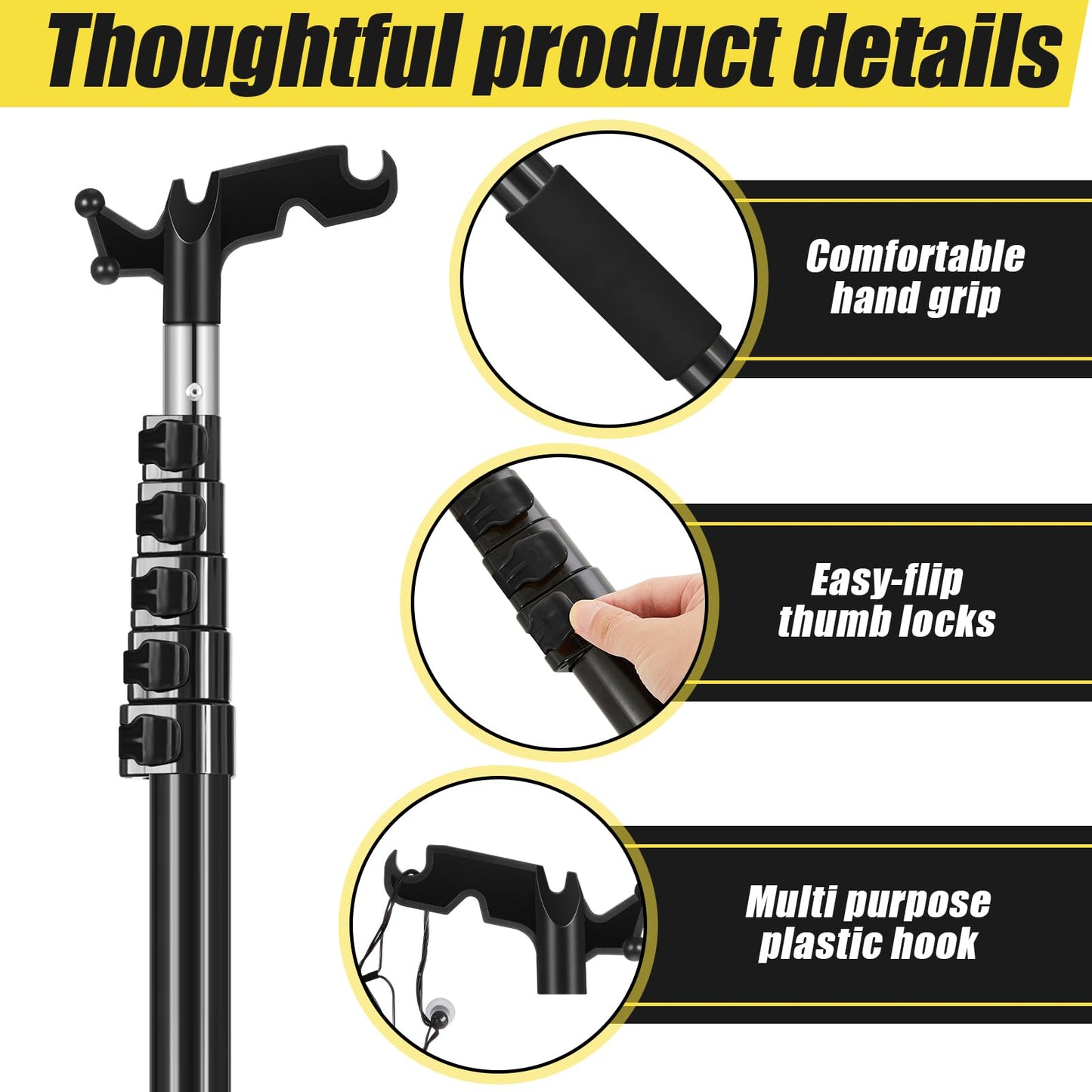 Leriton 7-36 ft Telescopic Extension Pole with Utility Hook, Multi-Purpose Aluminum Pole for Painting, Dusting and New Year Window Cleaning Christmas Lights Installation Without a Ladder (Black)