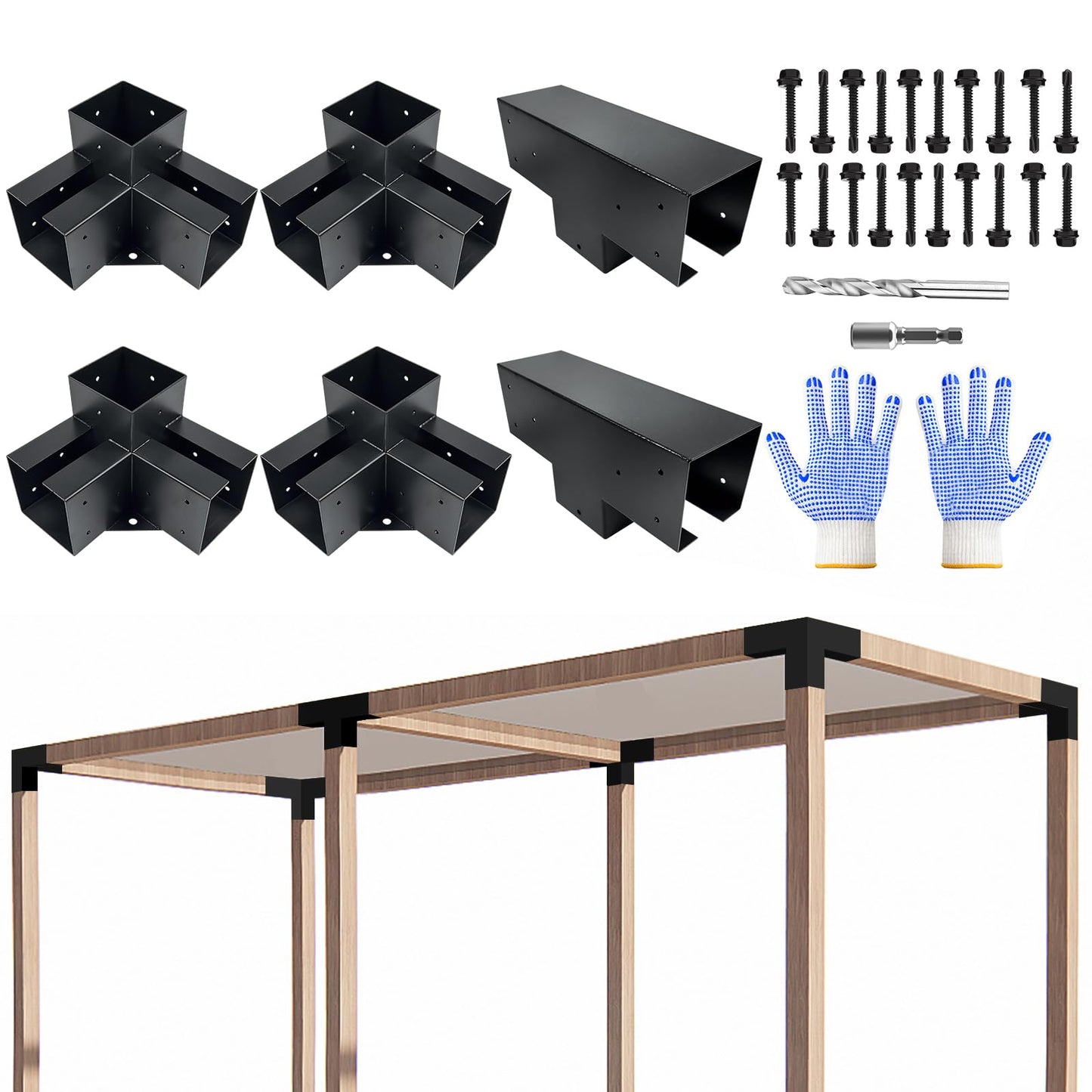 VoTwoofv Pergola Bracket kit,3-Way Right Angle Corner & T-Shaped Flat Bracket for 4" x 4" (Actual: 3.5" x3.5'') Wood Beam for Outdoor Gazebos,Patio Pergolas,Log Cabins - 6Pack