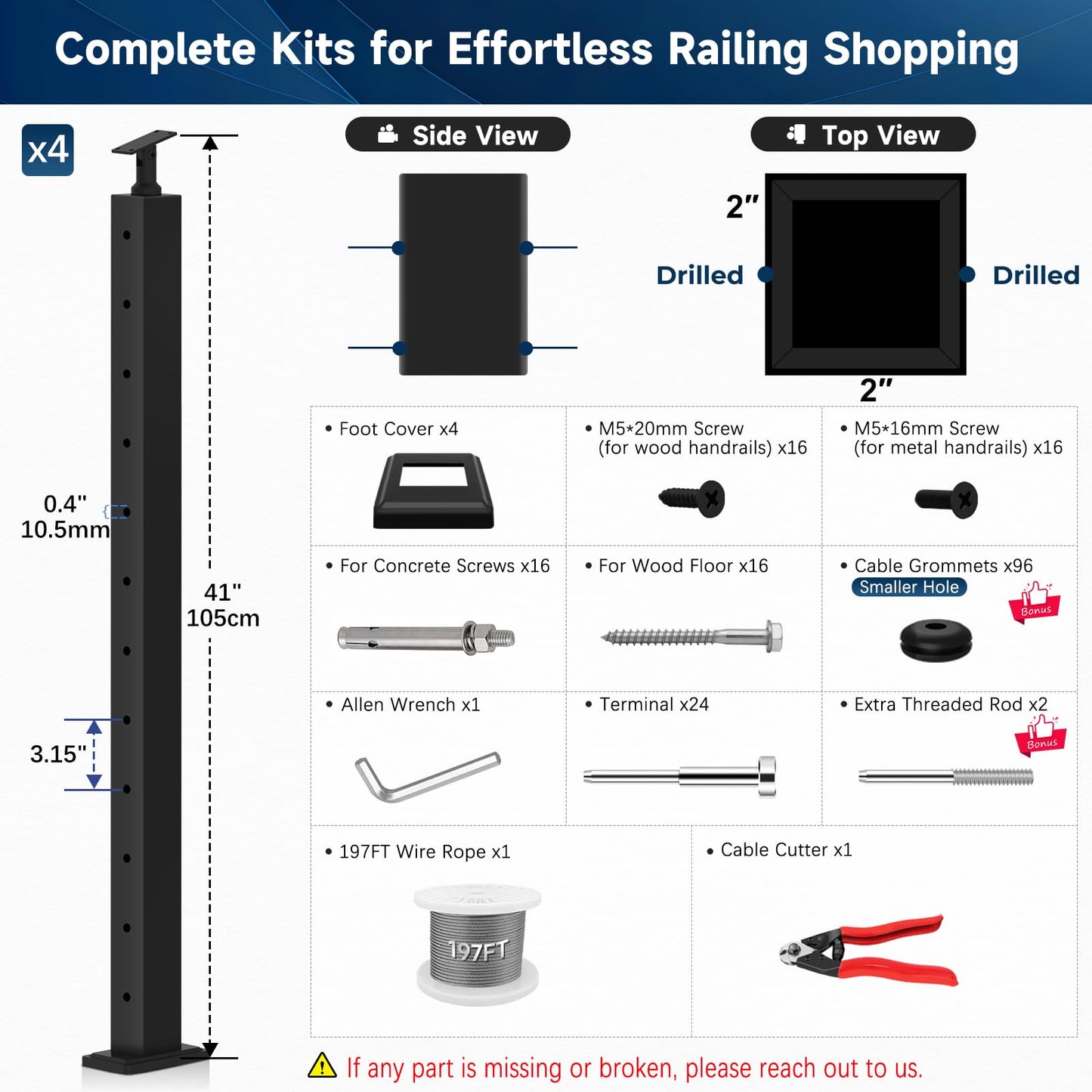 Gyykzz 42" Modular Cable Railing Post Kits 4 Pack, Adjustable Top Level Drilled Deck Post, Cable Railing System Including 4 Railing Post, 197ft Cable, 24 Terminal, 96 Cable Grommets (No Handrail)
