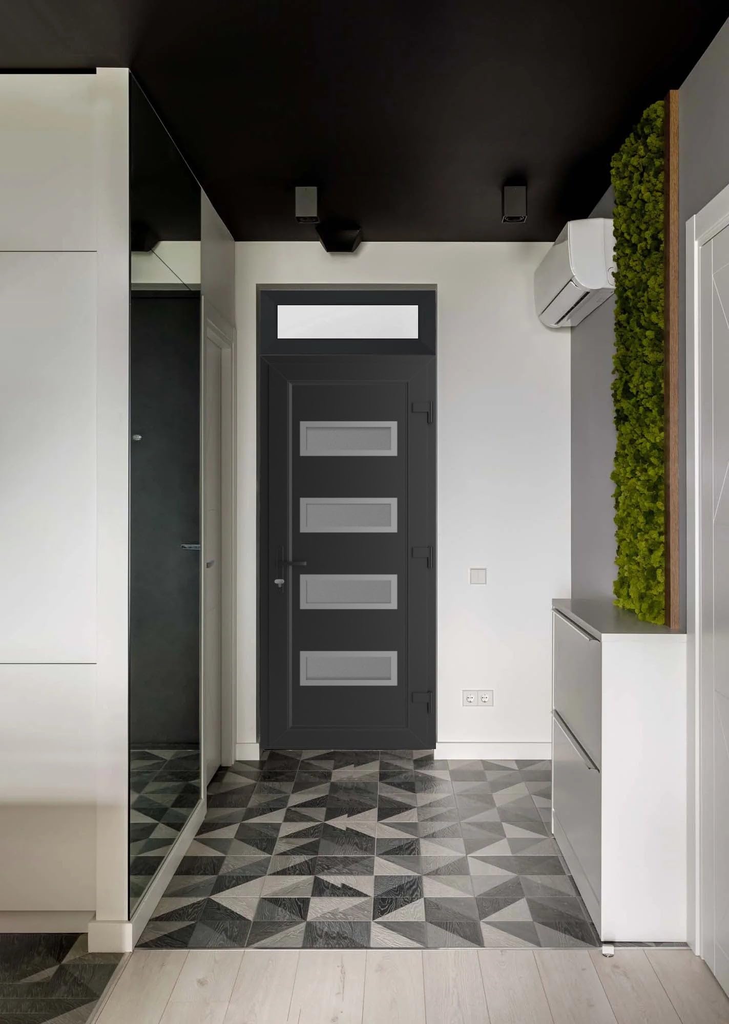 VDOMDOORS Front Exterior Prehung Metal-Plastic Door Frosted Glass | Manux 8113 Matte Black | Top Sidelite Transom | Residential Doors Entrance Patio Garage 36 x 94 (W36 x H80+14) Left-Inswing