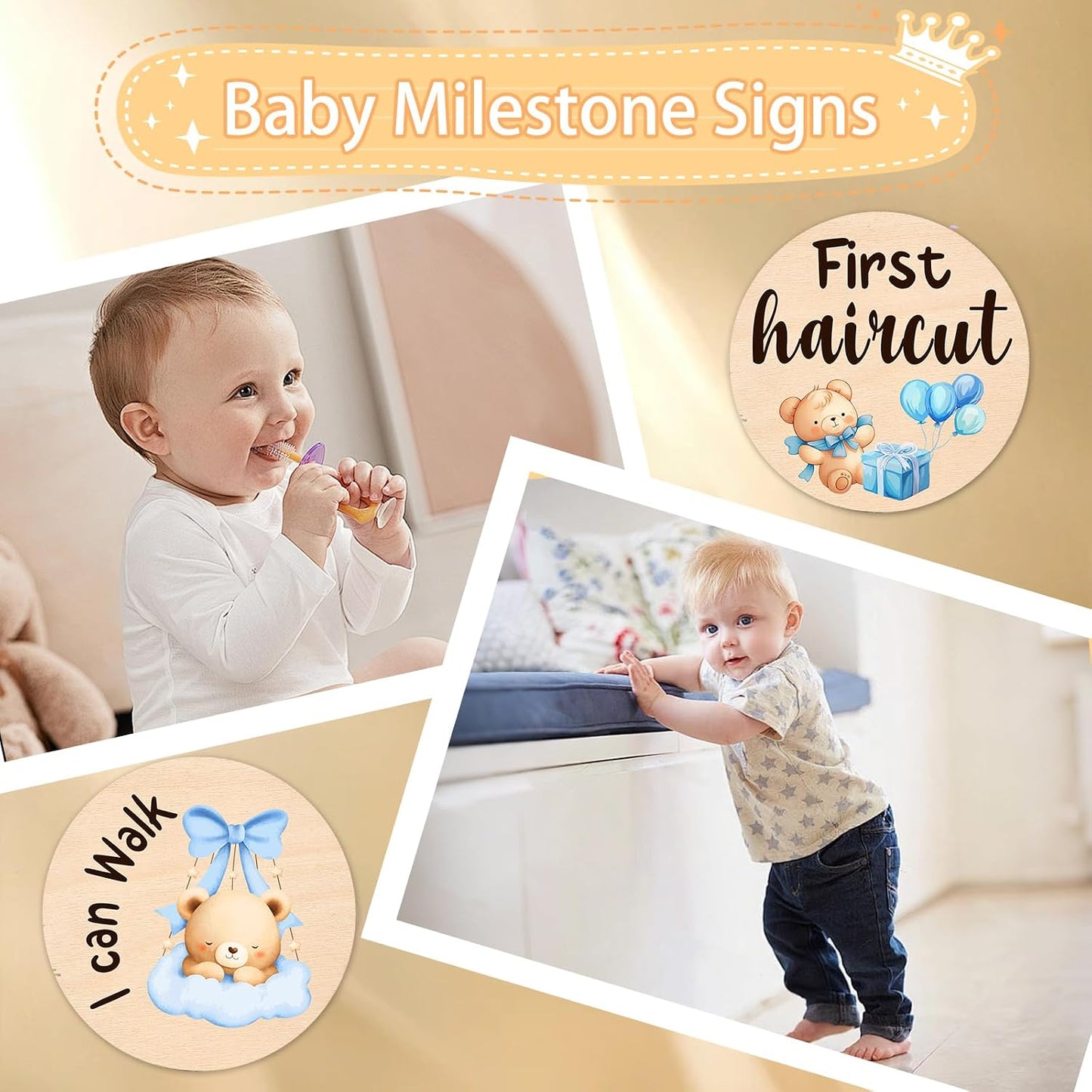13 Props(0-12 Baby Monthly Milestone Cards - Double-Sided Wooden Milestone Signs Discs with Bear & Star Designs, Little