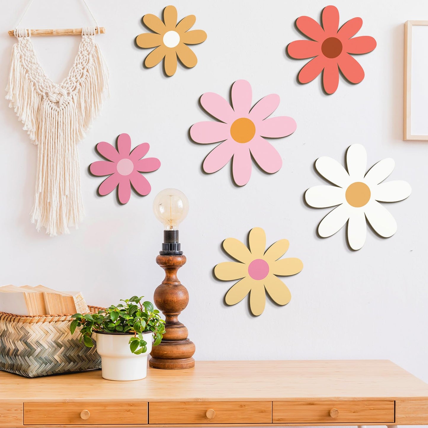 Thyle 6 Pcs Boho Daisy Wall Decor Boho Nursery Decor for Girls Natural Wall Hanging Bohemian Wooden Art Farmhouse Flower Hanging Signs for Home Office Nursery