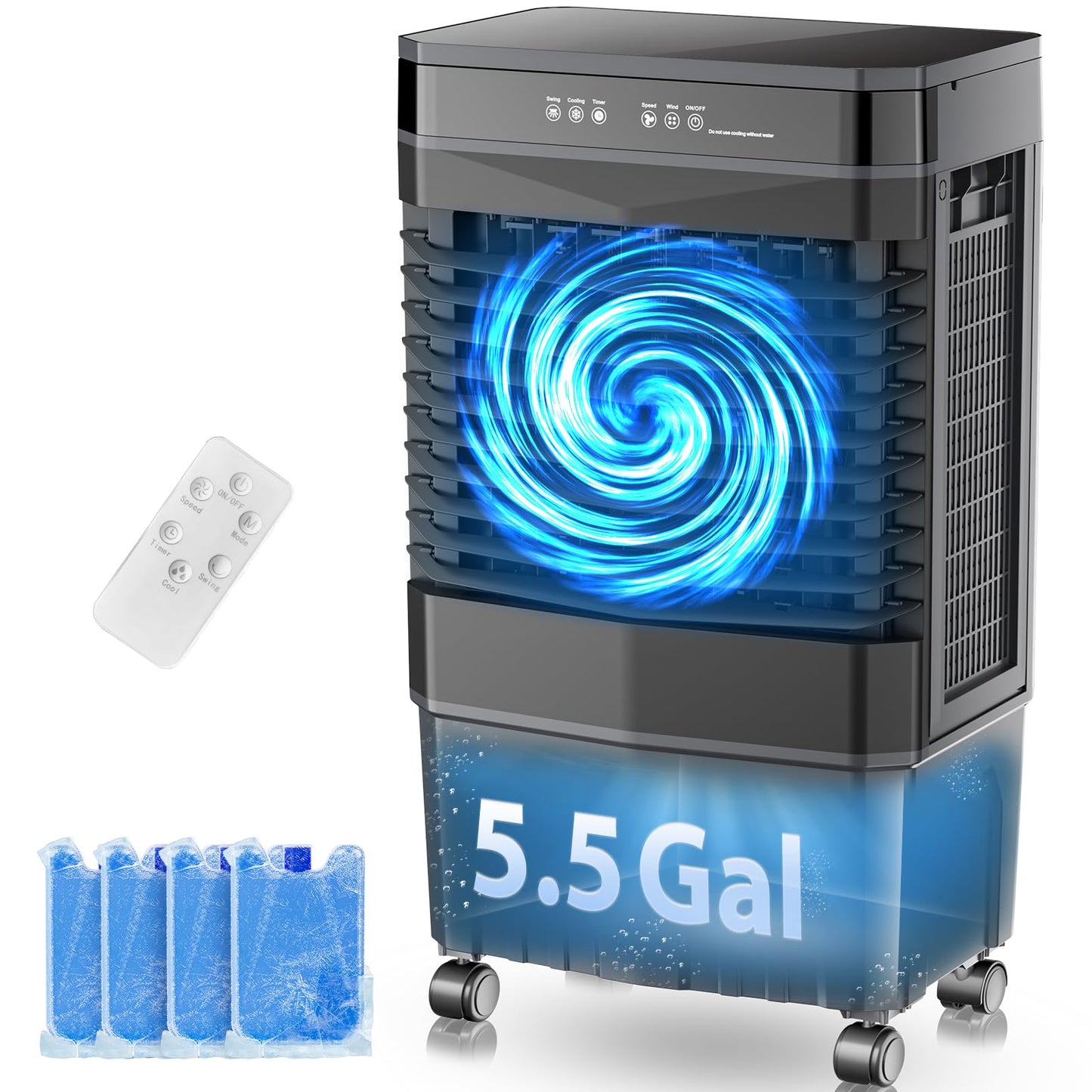 Auertech 5.5 Gal Swamp Cooler, 1800 CFM Evaporative Air Cooler with 3 Speeds, 12H Timer, 120°Oscillation, Windowless Room Cooling Fan with 4 Ice Packs, Portable Air Cooler for Indoor, Garage, Bedroom