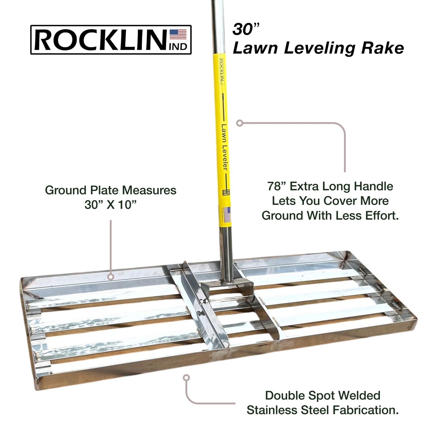 Rocklin™ Lawn Leveling Rake | Stainless Steel | 30" x 10" Ground Plate | 78" Extra Long Handle for Yard for Dad, Husband & Men