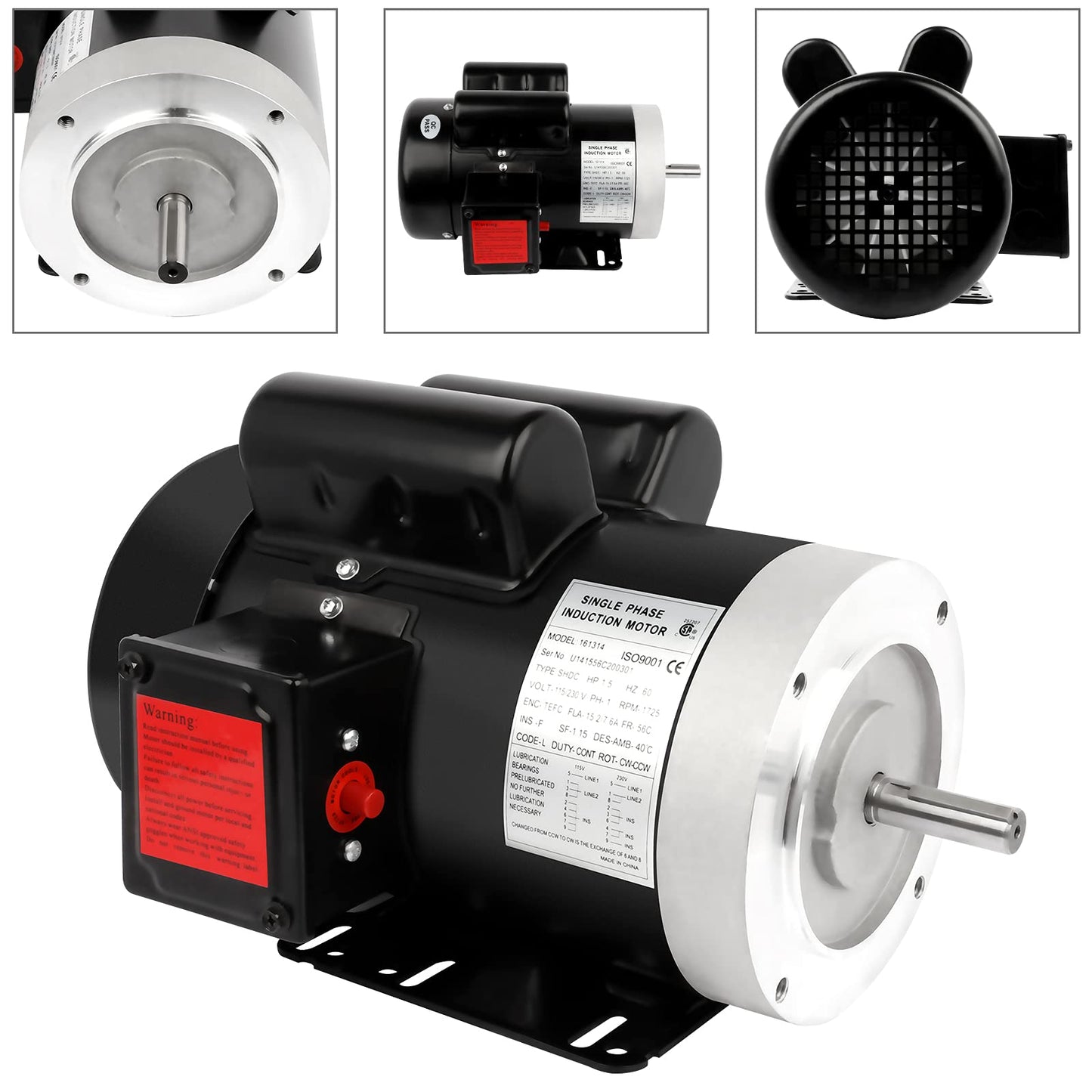 1.5HP Electric Motor General Purpose Single Phase Motor 1750RPM 56C 115/230V 5/8" Shaft Diameter CW/CCW TEFC IP55 60HZ