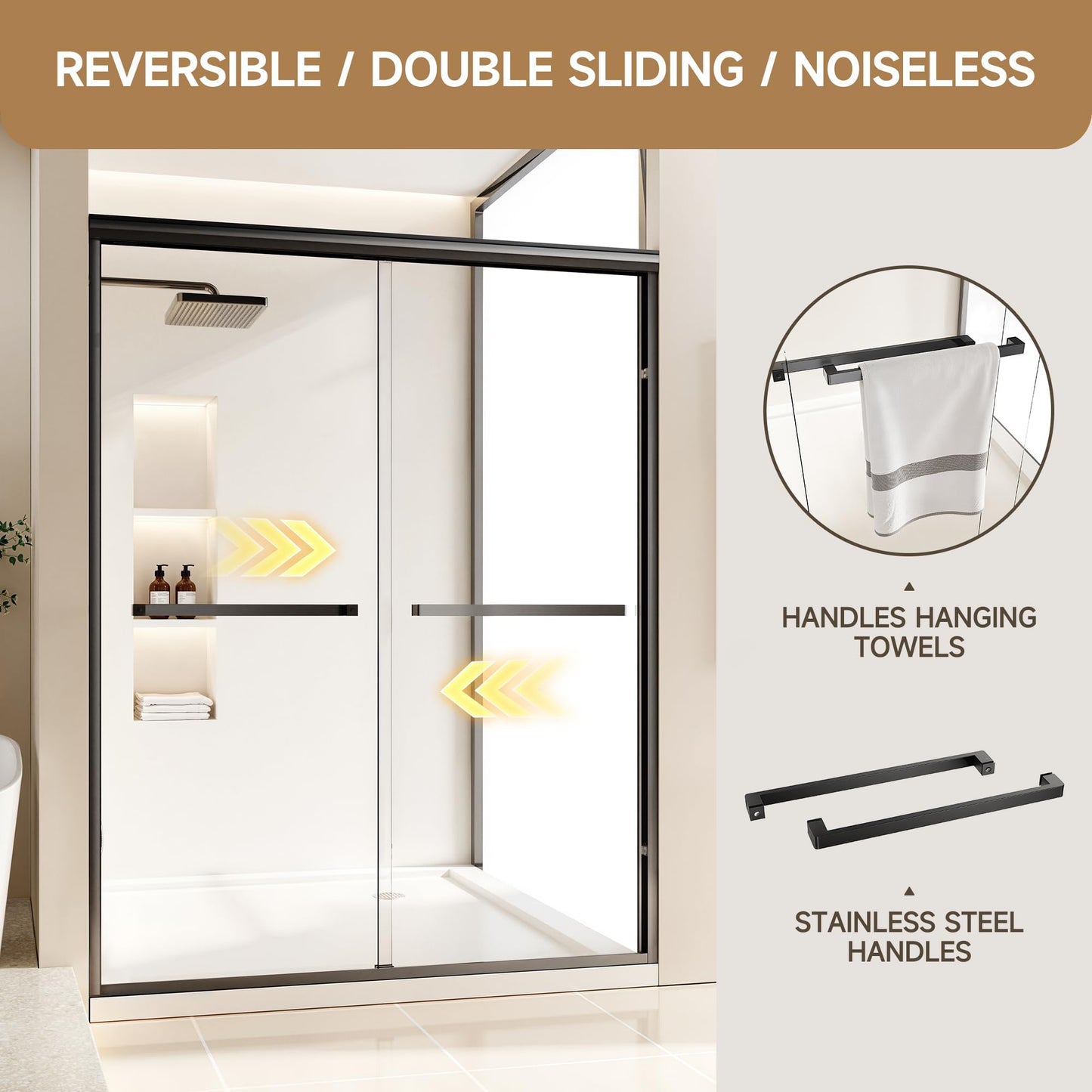 Double Sliding Shower Door 56-60 in W x 76 in H, 1/4"(6mm) Tempered Glass with Explosion-Proof Film and Nano Coating，Matte Black Semi-Frameless Shower Door