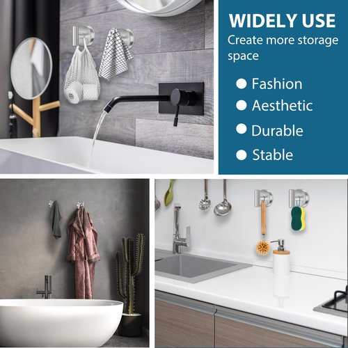 AbluFirst Suction Cup Hooks for Shower, 4-Pack, No-Drill Heavy Duty, Removable and Reusable, Suitable for Bathrooms, Glass, Kitchen Mirrors, Tiles, Hanging Towels, Bathrobes, Coats (Silver)